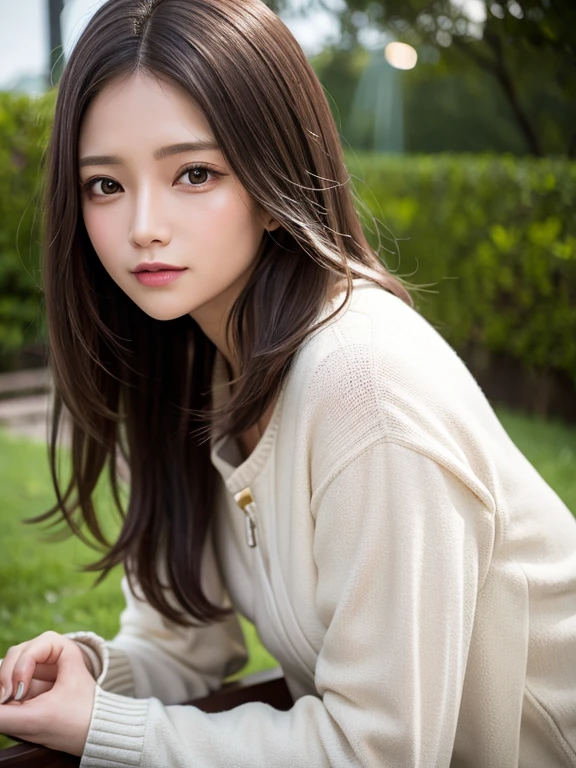 masterpiece, highest quality, High resolution,alone,Brown,artistic,Best lighting,Casual clothing,Flat Chest,Beautiful Face,expensive,smile,light makeup,Age 24,Calm woman,Detailed Hair,Laughing woman,Face Focus,Wavy Hair,Very white skin,Thin eyebrows,Woman wearing a jacket,outside,night,Background Bokashi,illumination,Low exposure,