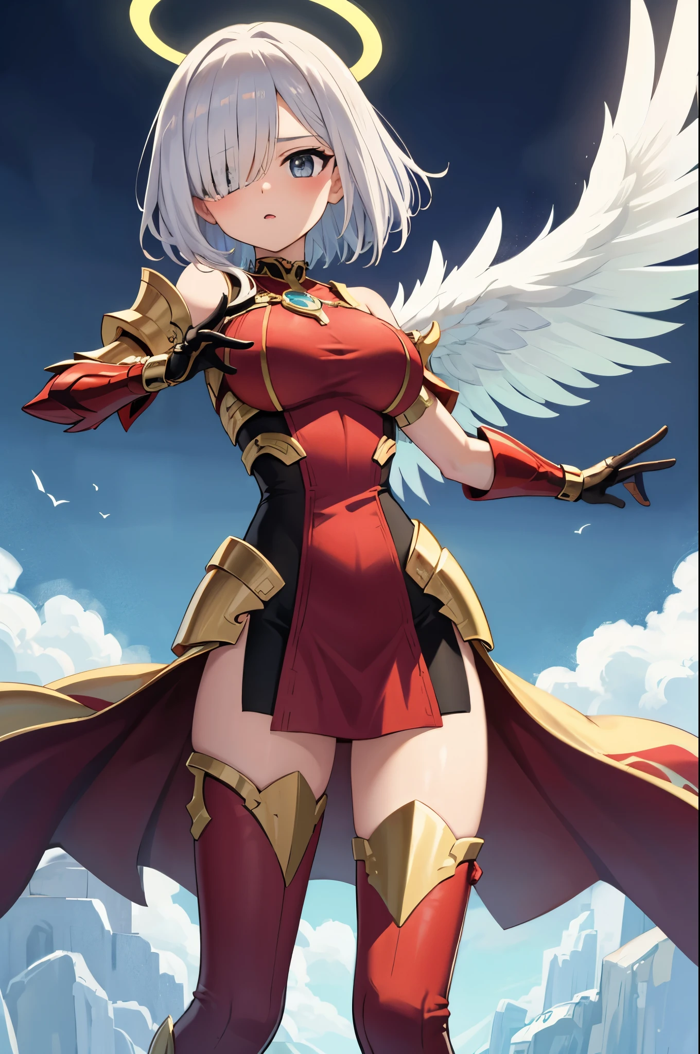 fantasy, 1angel_girl,young_teen, ,silver_hair, short_hair, long_bangs, halo,bare_shoulder,thighhighs,silver_armor, waist_armor, large_breasts,half_eyes,1pair_wings, dynamic_pose_fighting,floating, bare_crotch, headgear,gauntlet, greaves,city_background,slightly_spread_legs, solo, groin_naked,tan_skin,hair_over_one_eye,