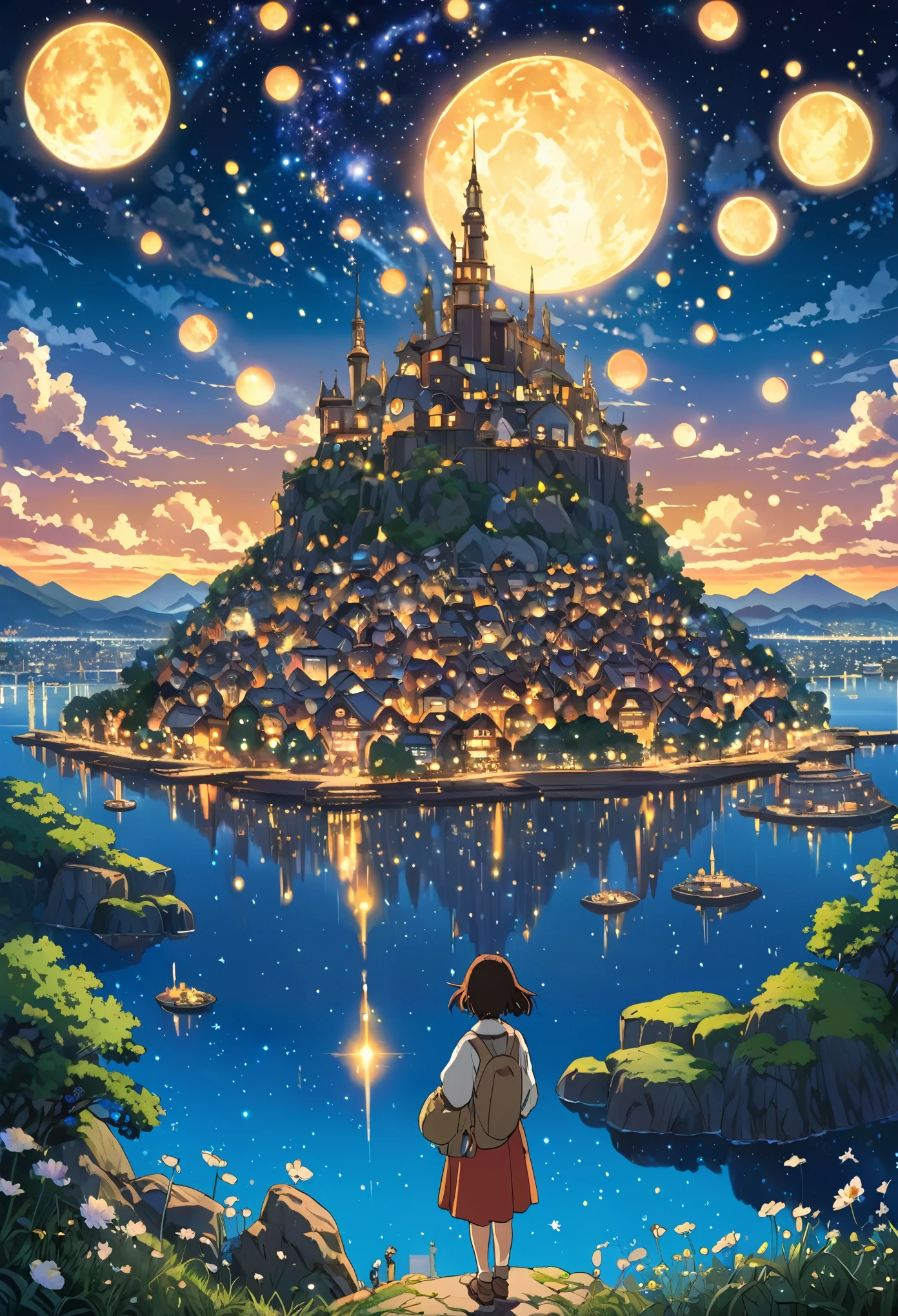 Highly detailed anime-style still images, Ghibli Studio Style, masterpiece, Official Art, Professional, ((Super detailed)), 8k,
((Don't show it to anyone)),
A sparkling city, crystallization, Reflective surface, Prism light effect, The setting is a floating island surrounded by a starry sky..