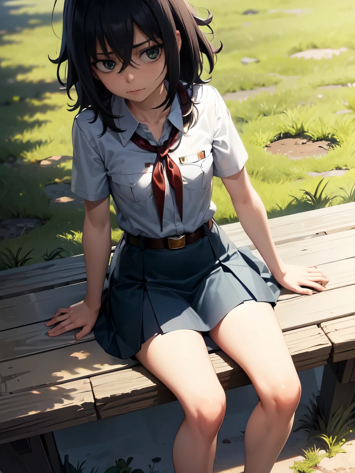 8k, high detailed picture, high quality picture, realistic style, masterpiece, very young slim girl, at full height, long disheveled dark hair, matted hair, hair between eyes, flat chest, green eyes, bags under eyes, kuroki_tomoko, pioneer neckerchief, blue thight microskirt, bangs, shirt, collarbone, white shirt, short sleeves, collared shirt, belt, neckerchief, eyelashes, red neckerchief, breast pocket, thin and elegant hands, neat palms, perfect hands, neat feet, long slender legs