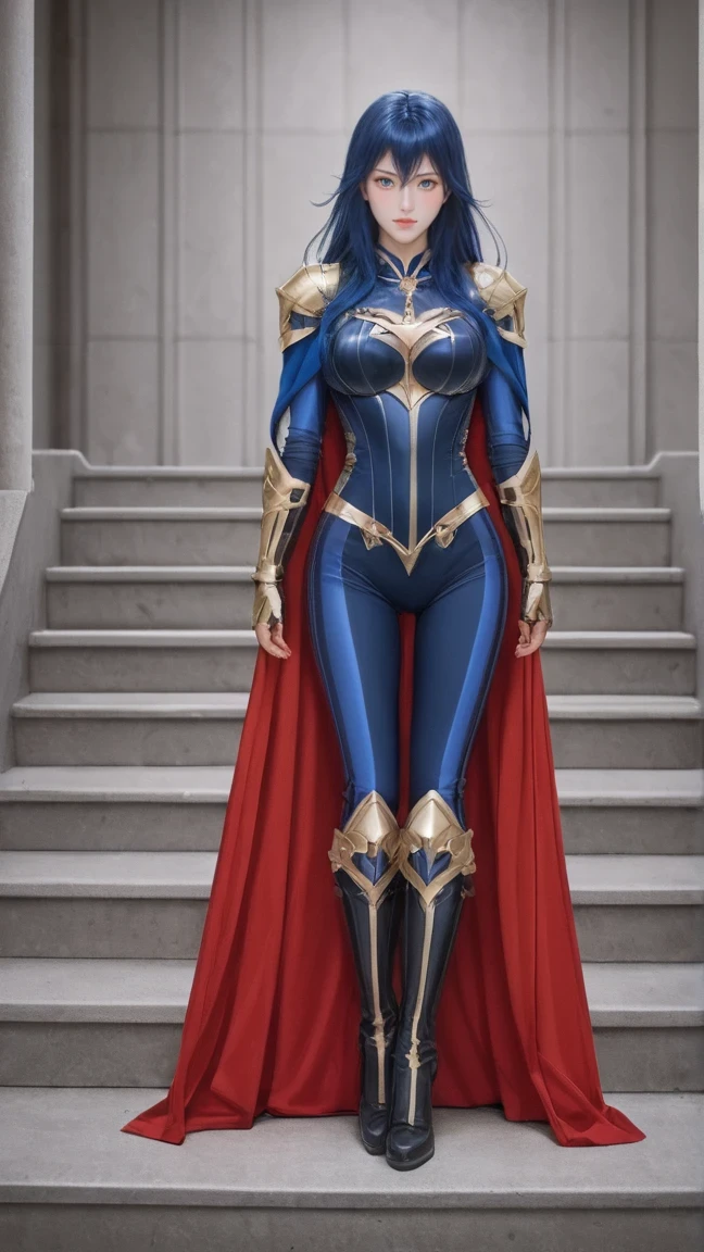score_9, score_8_up, score_7_up, BREAK, 1girl, armor, bird, blue eyes, blue hair, blush, bodysuit, boots, cape, closed mouth, full body, gauntlets, long hair, looking at viewer, shiny, shiny hair, solo, stairs, standing,Saint Seiya