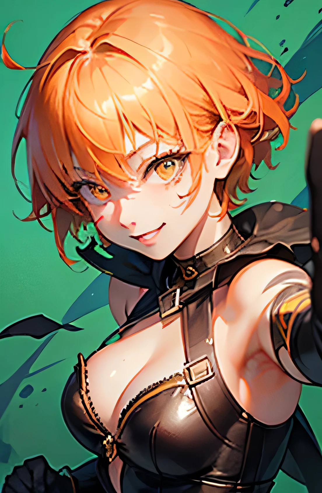 masterpiece, highest quality, so beautiful、Latest、girl, Orange Hair, short hair, Yellow Eyes、Wicked Smile、Wicked Smile,Shining Eyes、(Super cool adult woman in Shiina Ringo-esque costume)、Combat pose、Close-up of face、Decoration