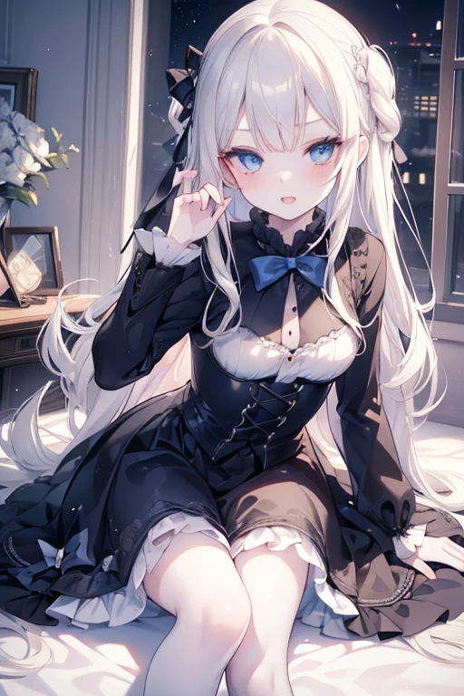masutepiece, Highest Quality, (Perfect face:1.1), (high detailing:1.1), (ultradetailed eyes), Dramatic, superfine illustration, Extremely detailed, 1girl in, teenager,(pale skin), long white hair, Ethereal eyes, Blue eyes,blush,Solo,Smile, Happy, Laugh, Enjoy, Open mouth, Pouty lips,Cinematic lighting,upper body,looking up, leaning forward,Long sleeve, Gothic lolita, frilld, bow ribbon,knee high socks,indoor,night