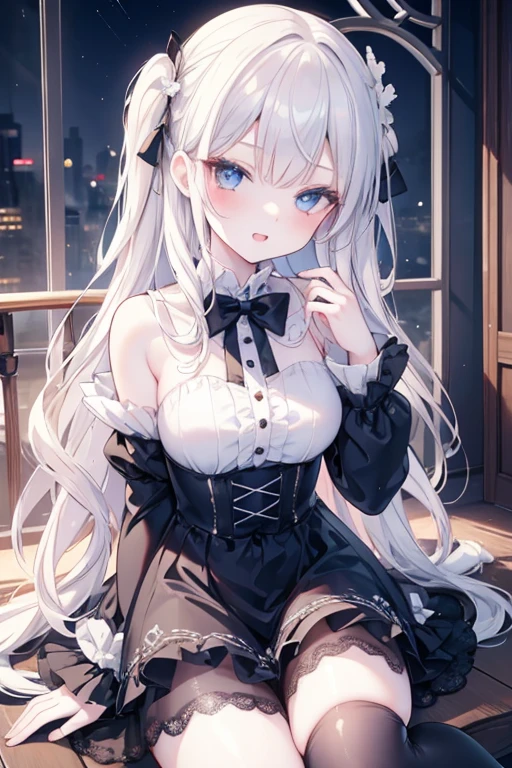 Highest quality,Highest Resolution,A beautiful girl in a gothic leotard with a crying face,Frills,Super High Leg,Very beautiful eyes,Bedroom,Night view outside the window,Knee-high stockings,Drink a drink,Tears,sweat profusely,Open your mouth wide and drool,