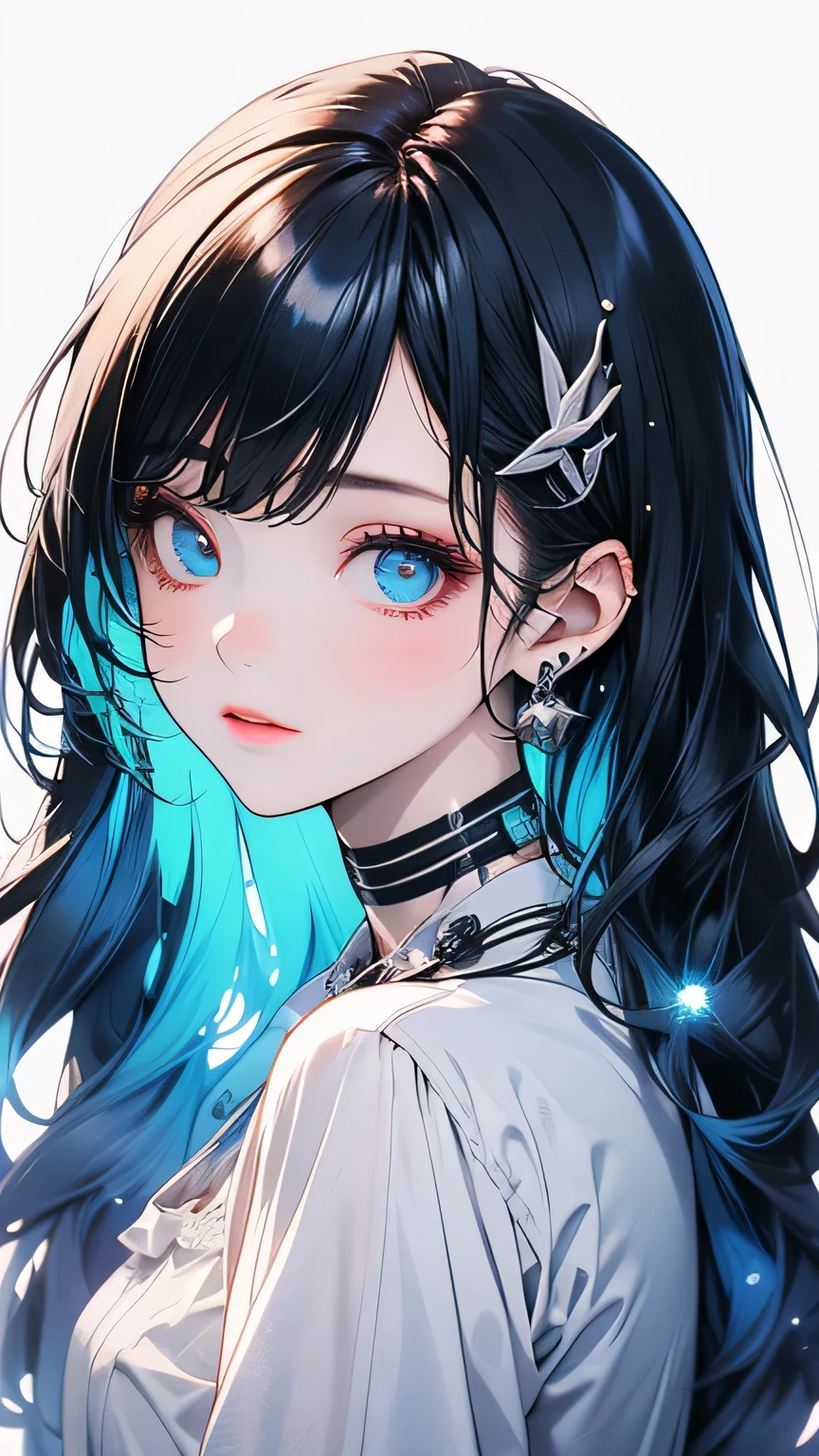 ((masterpiece)), (highest quality), (detailed), (One girl), (Internal Data Stream) Light blue gradient hair, Glowing blue eyes, Straight hair, Wearing a modern white shirt and black dress, Covered in data particles, Locked around the neck