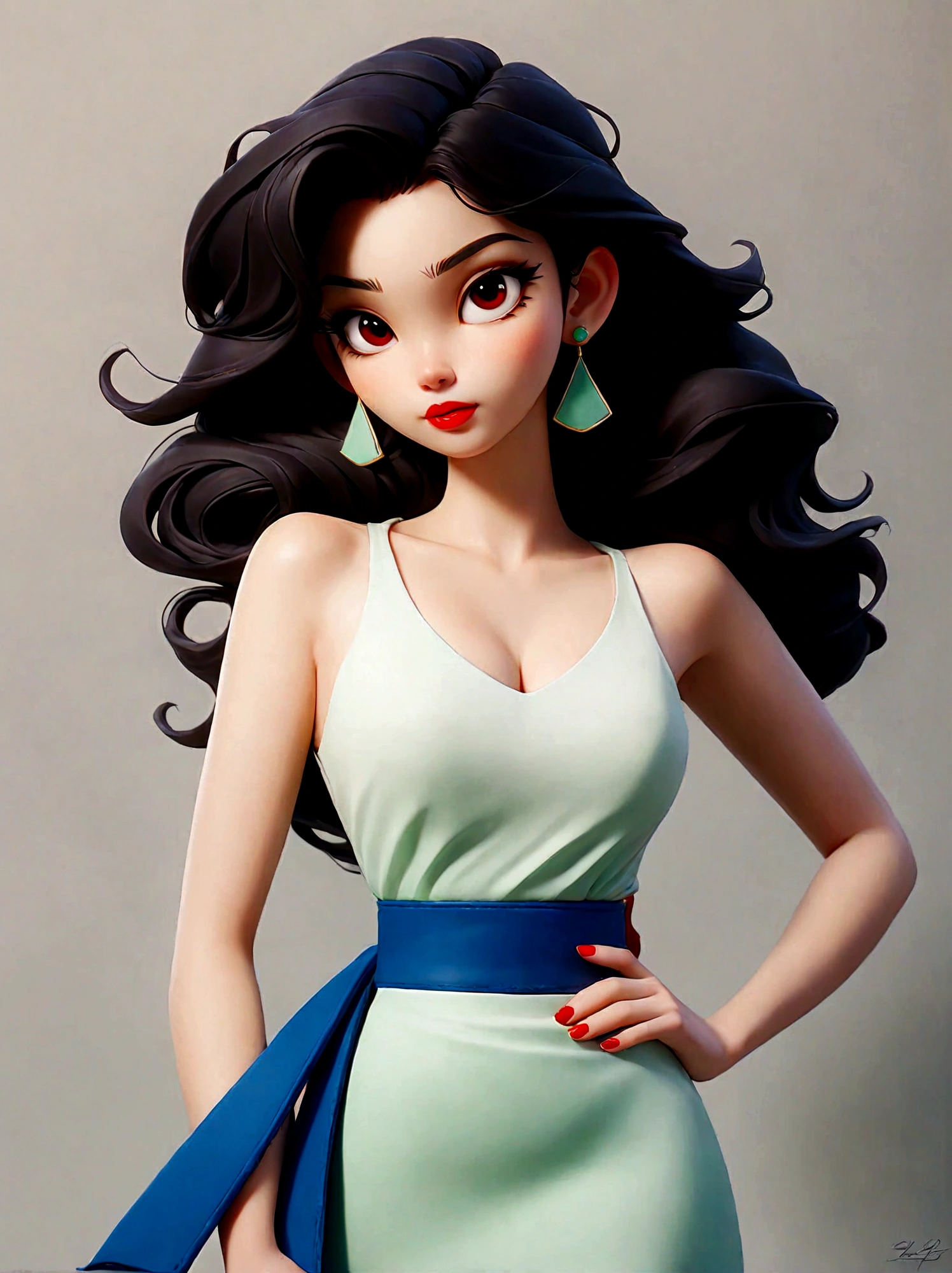1 girl,Green Dress,Blue belt around waist,Red lips,Black Hair,breast,clavicle,Akimbo,Long hair,solo,Wavy hair,