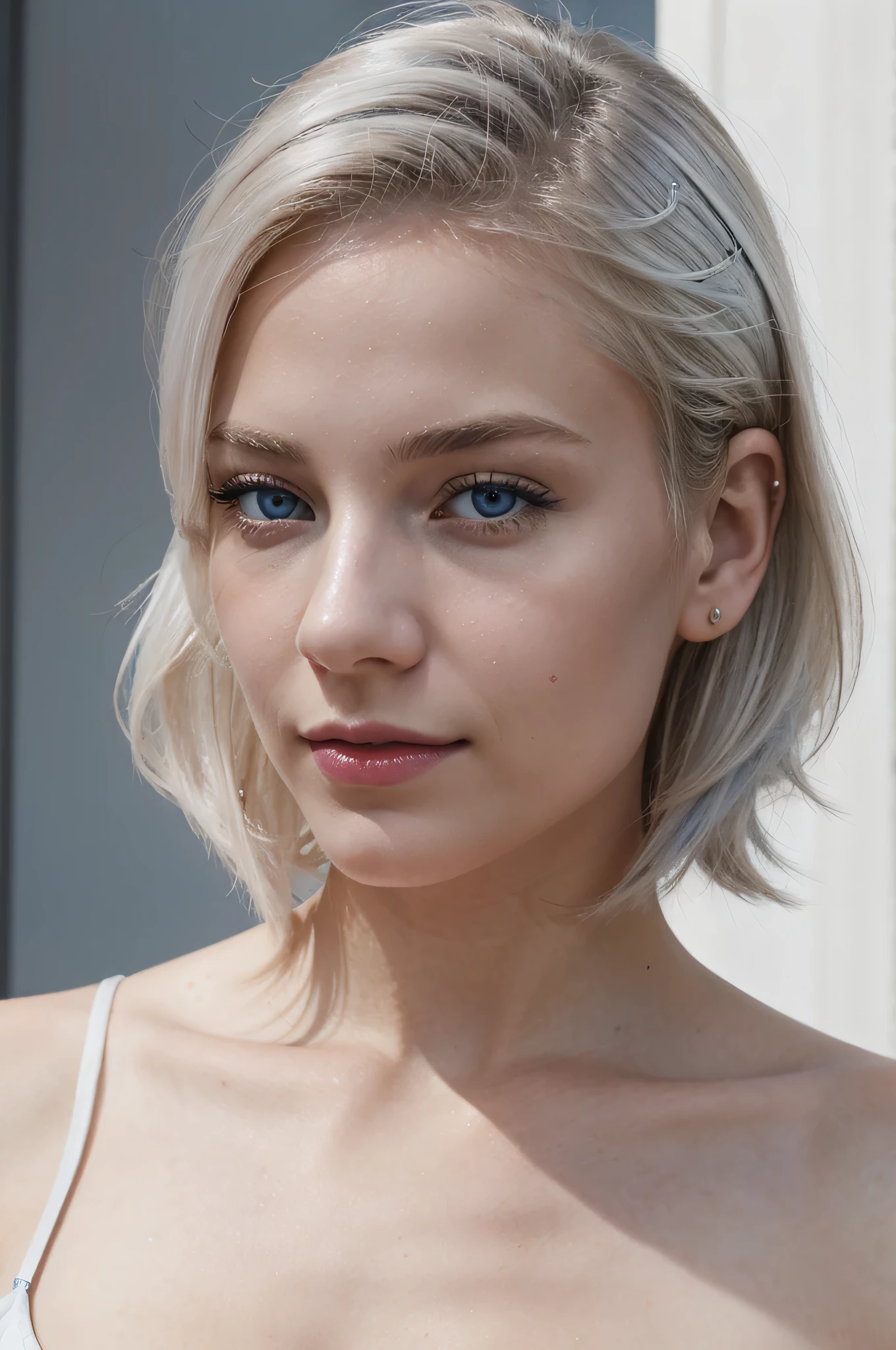Cinematic portrait, femme de 20 ans , blonde cheveux teints en blanc et bleu , tenu moderne , tenant un iphone, yeux gris claire, perfect body , perfect face , perfect hand , lipstick , white and blue hair some small detail on the skin 