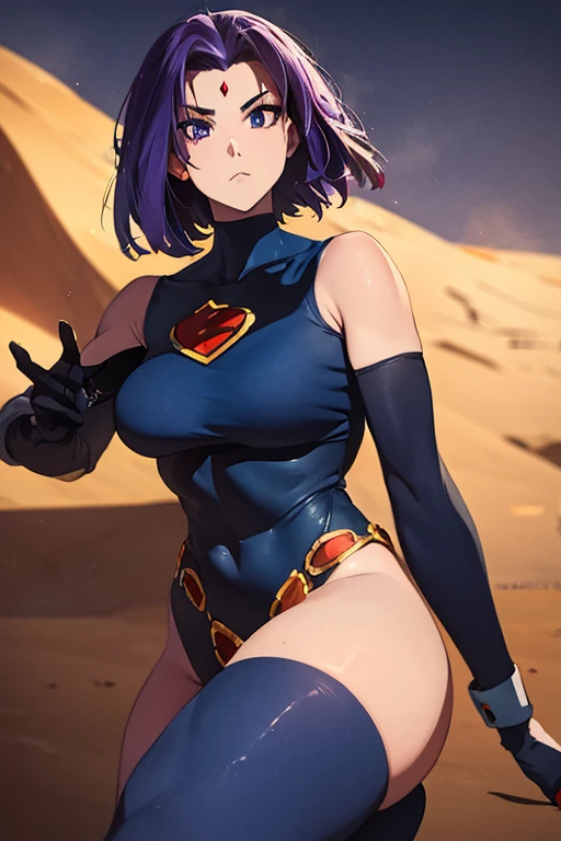 Ravens, 20 years old, purple strapless turtleneck bodysuit, exposed thighs, superhero woman, long gloves, gold headband, sexy pose, purple hair with bob cut, curvy athletic body, light eyes, look for camera, tender facial expression, face photo, romanticism, sandy desert, stones, night sky, moonlight, rays of light, sensual