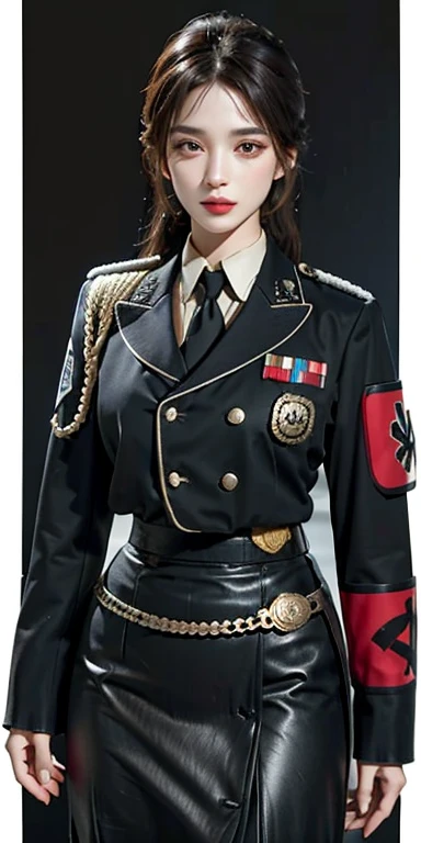 Realistic, High resolution, Soft Light,1 Female, alone, Hip Up, (Detailed face),tattoo, jewelry, badge, Tic, German/(uniform/), Pencil Skirt