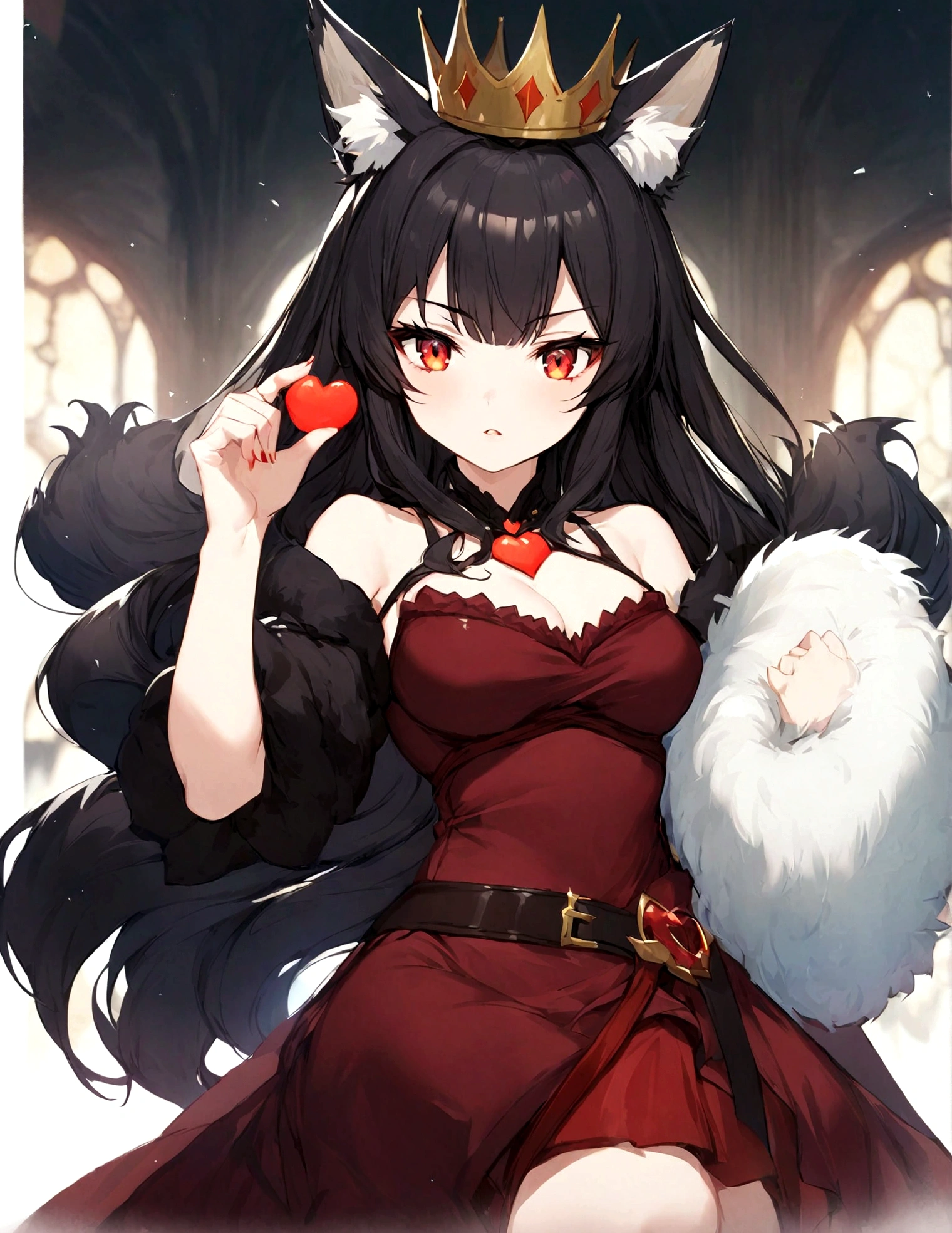 1 Girl,Long black hair and curly hair,Fox ears,Red eyes,Red dress with fur collar,crown,Love in hand