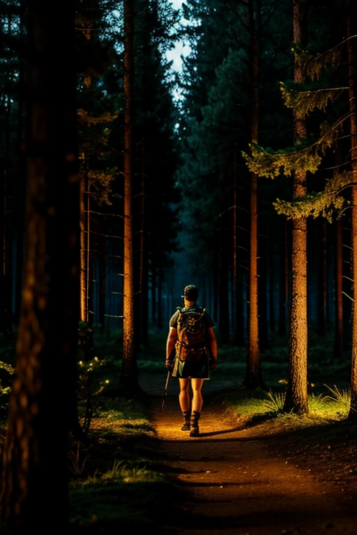 Warrior walking in the forest at night