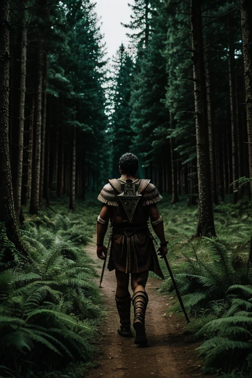 Warrior walking in the forest at night