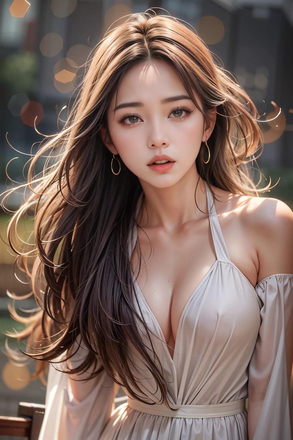 Realistic photos (one cute korean actress) Straight long hair, light makeup, Medium chest, Long dress, close, Canon EOS 8K high resolution captures facial features clearly, Sharp details, Realistically, , huge firm bouncing bust