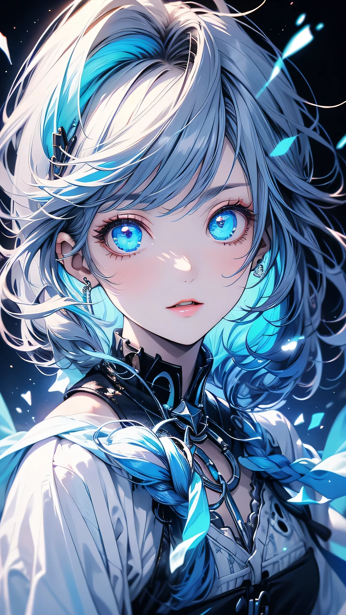 ((masterpiece)), (highest quality), (detailed), (One girl), (Internal Data Stream) Light blue gradient hair, Glowing blue eyes, Straight hair, Wearing a modern white shirt and black dress, Covered in data particles, Locked around the neck