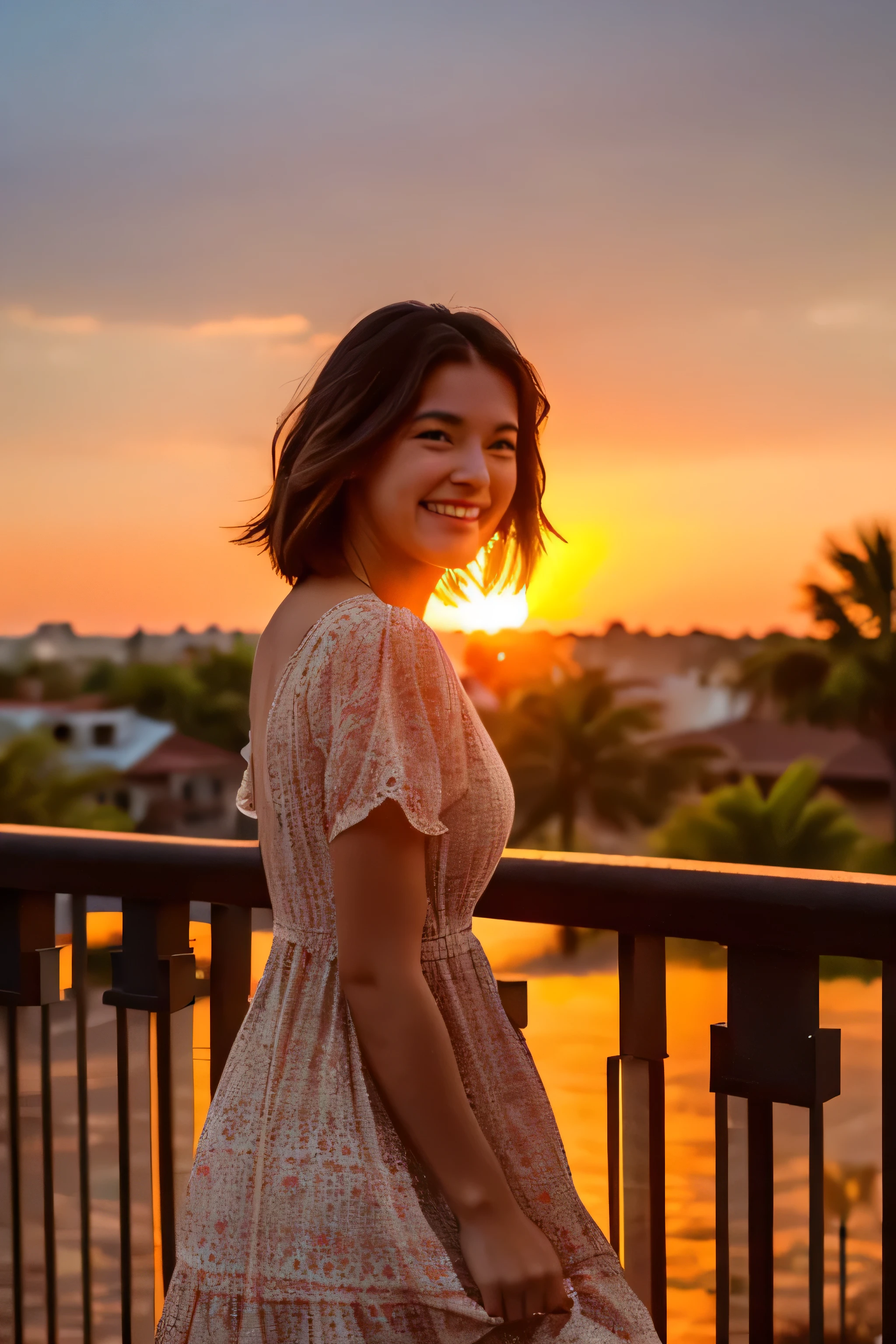 A beautiful woman wearing a beautiful cottagecore dress, standing in the balcony while seeing the beautiful sunset, enjoying the sunset and smiling looking at me