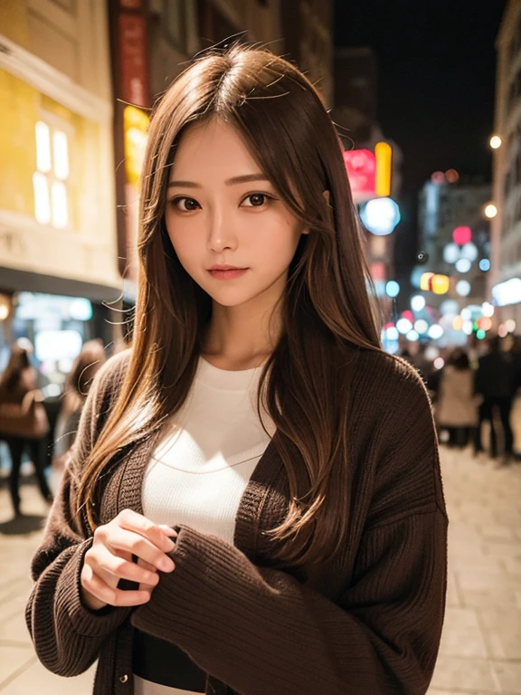 masterpiece, highest quality, High resolution,alone,Brown,artistic,Best lighting,Casual clothing,Flat Chest,Beautiful Face,expensive,smile,light makeup,Age 24,Calm woman,Detailed Hair,Laughing woman,Face Focus,Wavy Hair,Vibrant colors,Thin eyebrows,Woman wearing a jacket,outside,night,Background Bokashi,illumination,Low exposure,