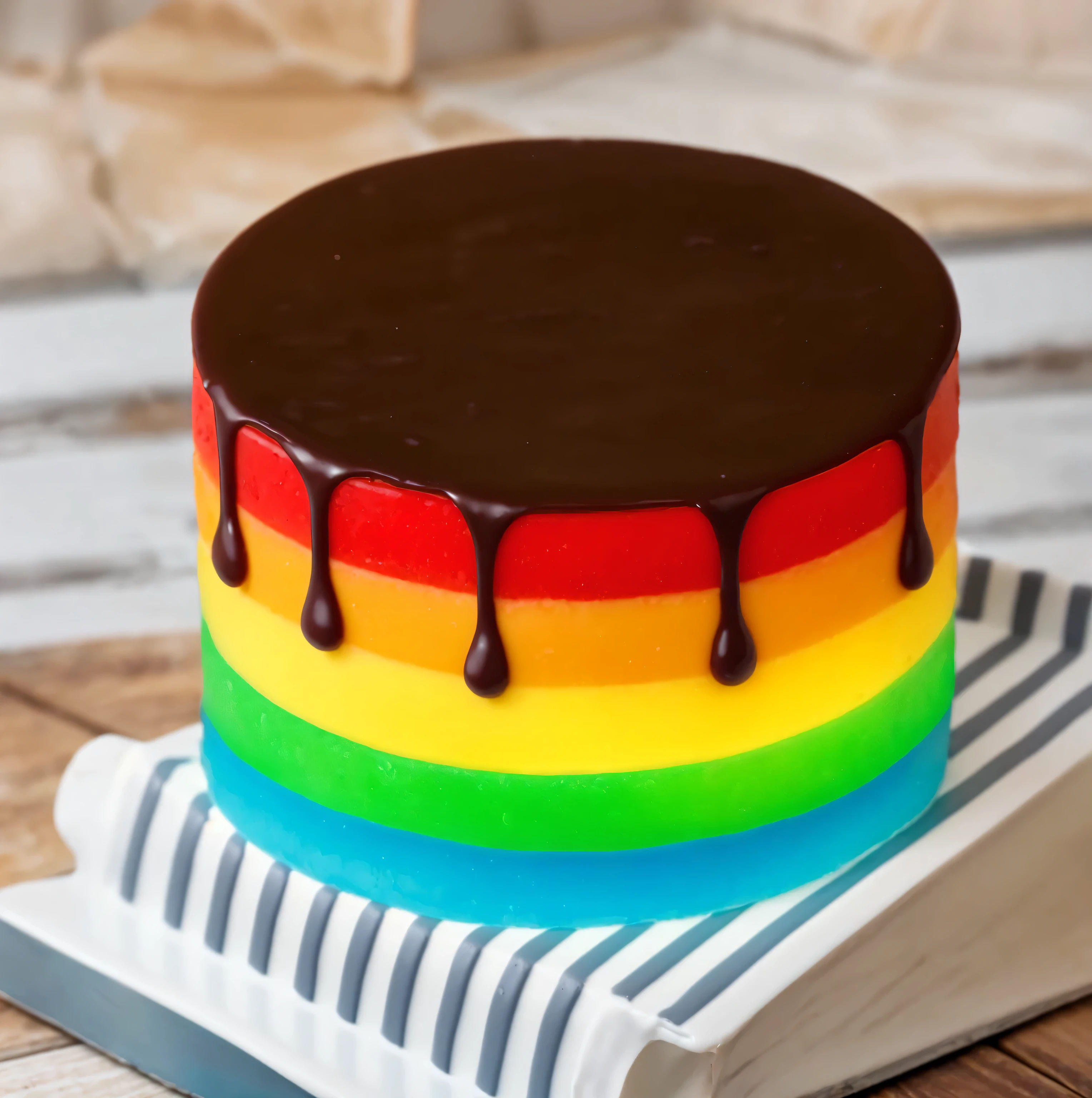 on a white stand, a small multi-colored jelly cake, on top of the cake is chocolate ganache, which spreads over the cake, realistic texture, realistic style, detailed texture, high quality, high resolution, high quality rendering, realistic photo, brightning light, macro photo