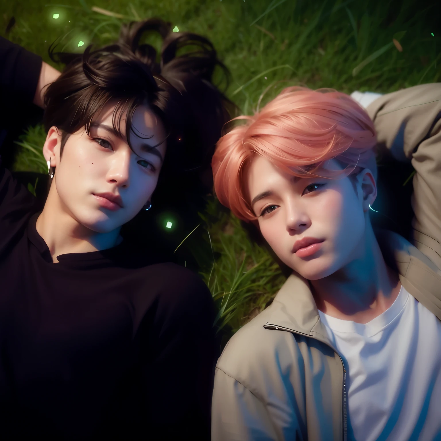 Two young people lay on the grass with their heads turned., Official fan art, Fod, Inspired by Jeon Seok Lee, High quality fan art, Parque Fod, [ digital art 4K ]!!, Yanjun Cheng&#39;s inspiration, Art is not Gouvais style., Jamie Knight, vibrant of art, of art, Fod\plump lips, [ digital art ]!!