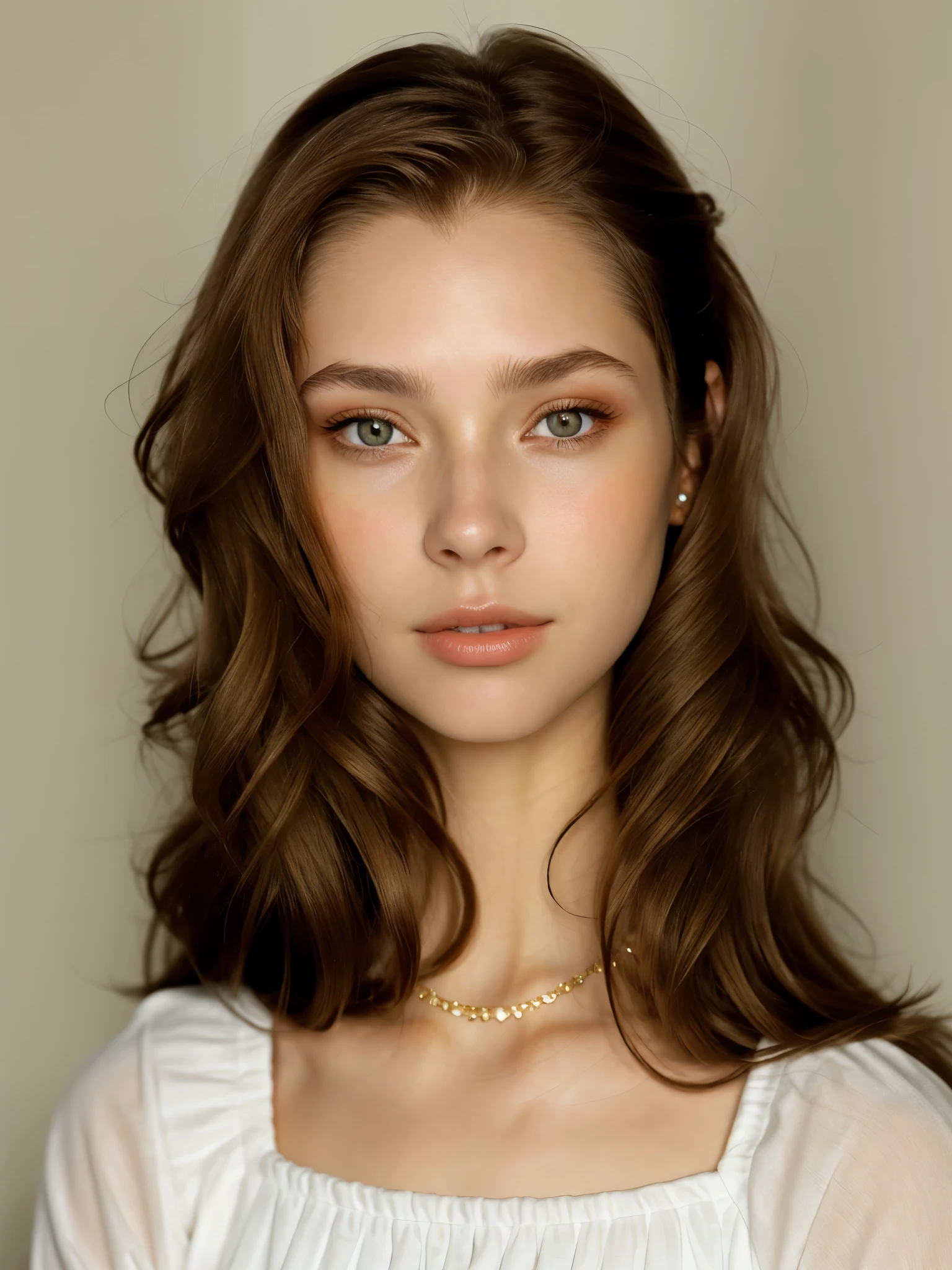 BrandyGordon, focus on eyes, close up on face, wearing jewelry, long wavy brown hair