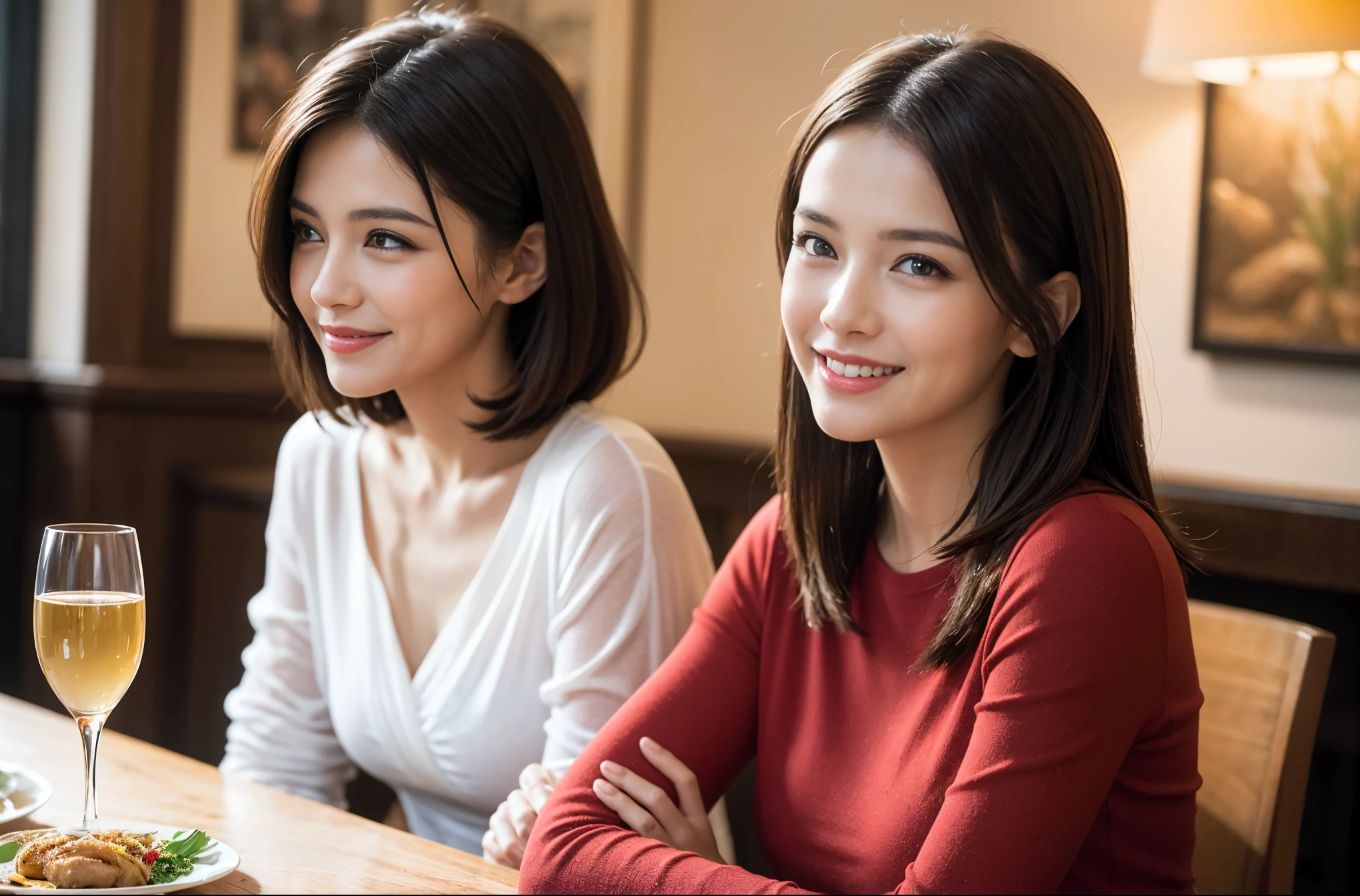 ((highest quality、8k、masterpiece:1.3))、beauty、1 male 1 female、Beautiful couple、lover、spouse、Beautiful woman who looks like Yuko Takeuchi、Spouse、half、The body is slim、((Bob Hale、Straight hair:1.2)), (Realistic, Intricate details:1.2), full-course dinner,テーブルの上のwine glass、Shine light on your face、 Amazing view of the sunset sky and clouds、A bright smile、The wonderfulness of smile、Bright image、The beauty of wine, Beautiful Face, blue eyes, The light shines on your face, Blushing, short hair,Bright Face、 (45 years old), 39 years old, red wine 、Appetizers、Italian food、Wine bottle、Champagne、sparkling wine、Two beauties、Brown Hair、Shortcuts、Long sleeve shirt、dress、Pretty Woman 1, (slimな顔), (The body is slim), (Brown Hair), (Shortcuts), cheeks turn a little red,Attractive beauty、restaurant, In a prominent place (From the waist up) Nova Frog Style, actress, model, Upper Body, White wine, slim, wine glass, A wine glass placed in the center, smile, (smile: 1.15), Beautiful fine grain, Depth f/2,saturation, High Contrast, Strong light and shadow,Moist Body:1.5、3D texture、Delicate eyes、Brown Hair、The hair is very shiny、