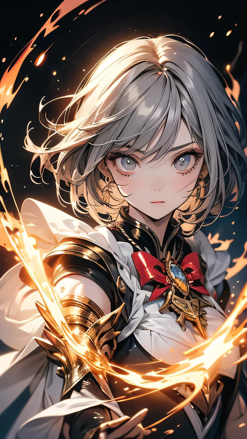 Portraiture, Long Hair, Gray Hair, Golden Eyes,  One girl, Detailed fantasy art, Amazing character art,Magnificent and elaborate character art,Detailed face, Magical girl, Absurd, masterpiece, highest quality, Magical girl costume, ((Magical girl)), short hair, Devastation, Remains, Dynamic pose, Apocalypse, Spell casting,  Full Body Shot