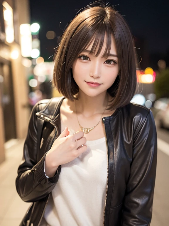 masterpiece, highest quality, High resolution,alone,Brown,artistic,Best lighting,Casual clothing,Flat Chest,Beautiful Face,expensive,smile,light makeup,Age 24,Calm woman,Detailed Hair,Laughing woman,Face Focus,Bob Cut Hair,Vibrant colors,Thin eyebrows,Woman wearing a jacket,outside,night,Background Bokashi,illumination,Low exposure,