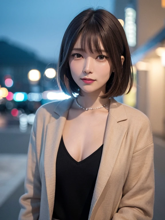 masterpiece, highest quality, High resolution,alone,Brown,artistic,Best lighting,Casual clothing,Flat Chest,Beautiful Face,expensive,smile,light makeup,Age 24,Calm woman,Detailed Hair,Laughing woman,Face Focus,Bob Cut Hair,Vibrant colors,Thin eyebrows,Woman wearing a jacket,outside,night,Background Bokashi,illumination,Low exposure,
