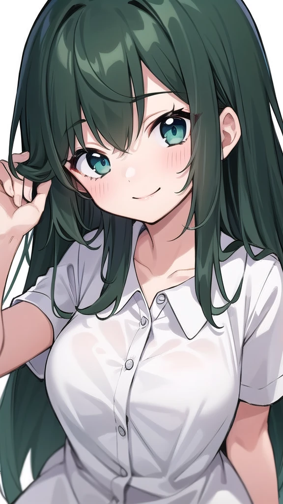  who look like elementary school students, Height 140 cm, Greenish blart Ahog, beautiful long hair but with a little hair sticking out, beautiful round eyes, blue eyes, Smile, Childish, Large Breasts,  long hair, Childish face, gentle Smile, a little shy, Greenish black hair, Childish, gentle Smile,, ( Dark green black hair: 1.3)