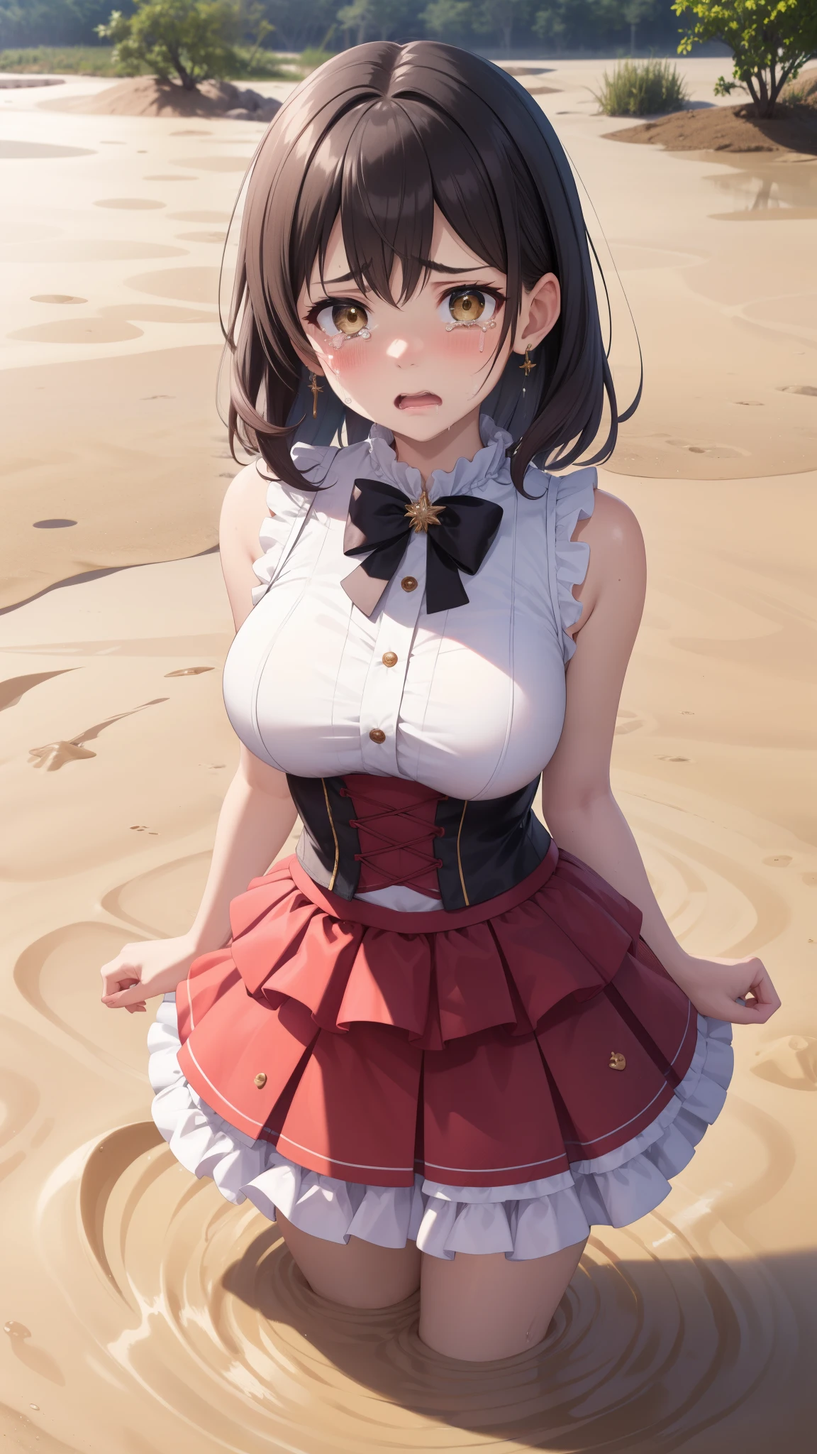 masterpiece, best quality, highly detailed, ultra high res, aichan, large breasts, 1girl, (upset), tears, crying, glossy lips, sleeveless idol dress, very puffy skirt, flared skirt, (quicksand:1.3)