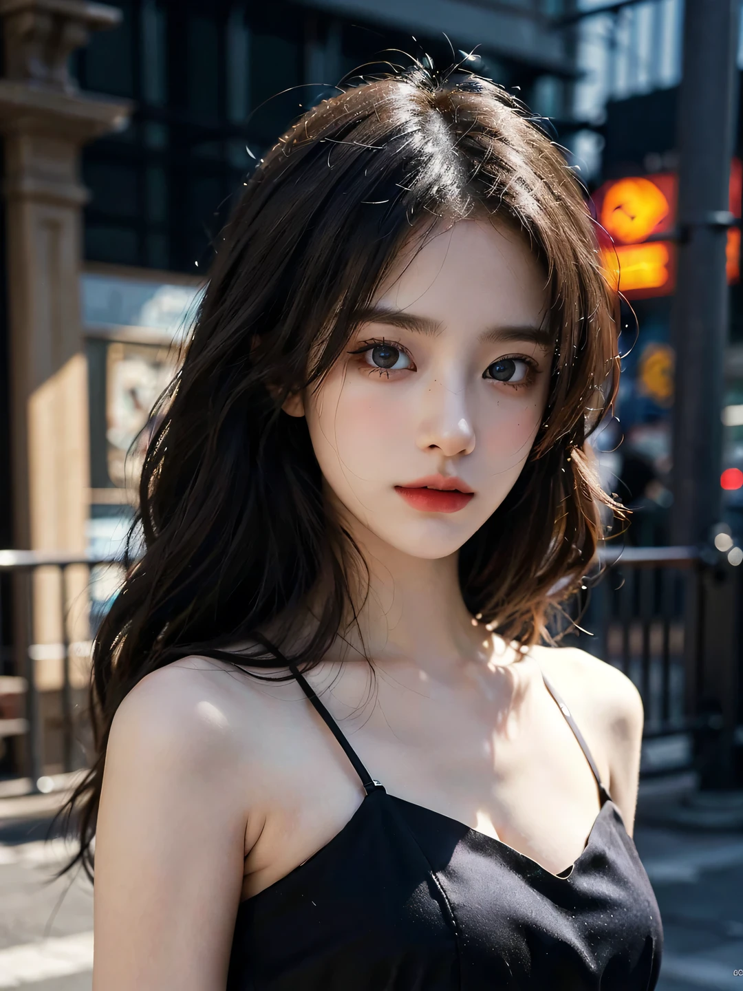 1girl, (looking at viewer:1.2), detail face, (a girl standing, rending on cgsociety, black shadows, streaming, new york backdrop), romanticism, atmospheric, (RAW photo, best quality), (realistic, photo-realistic:1.3), masterpiece, an extremely delicate and beautiful, extremely detailed, D cup，Cleavage，Translucent tube top1.5，Exquisite eye details，