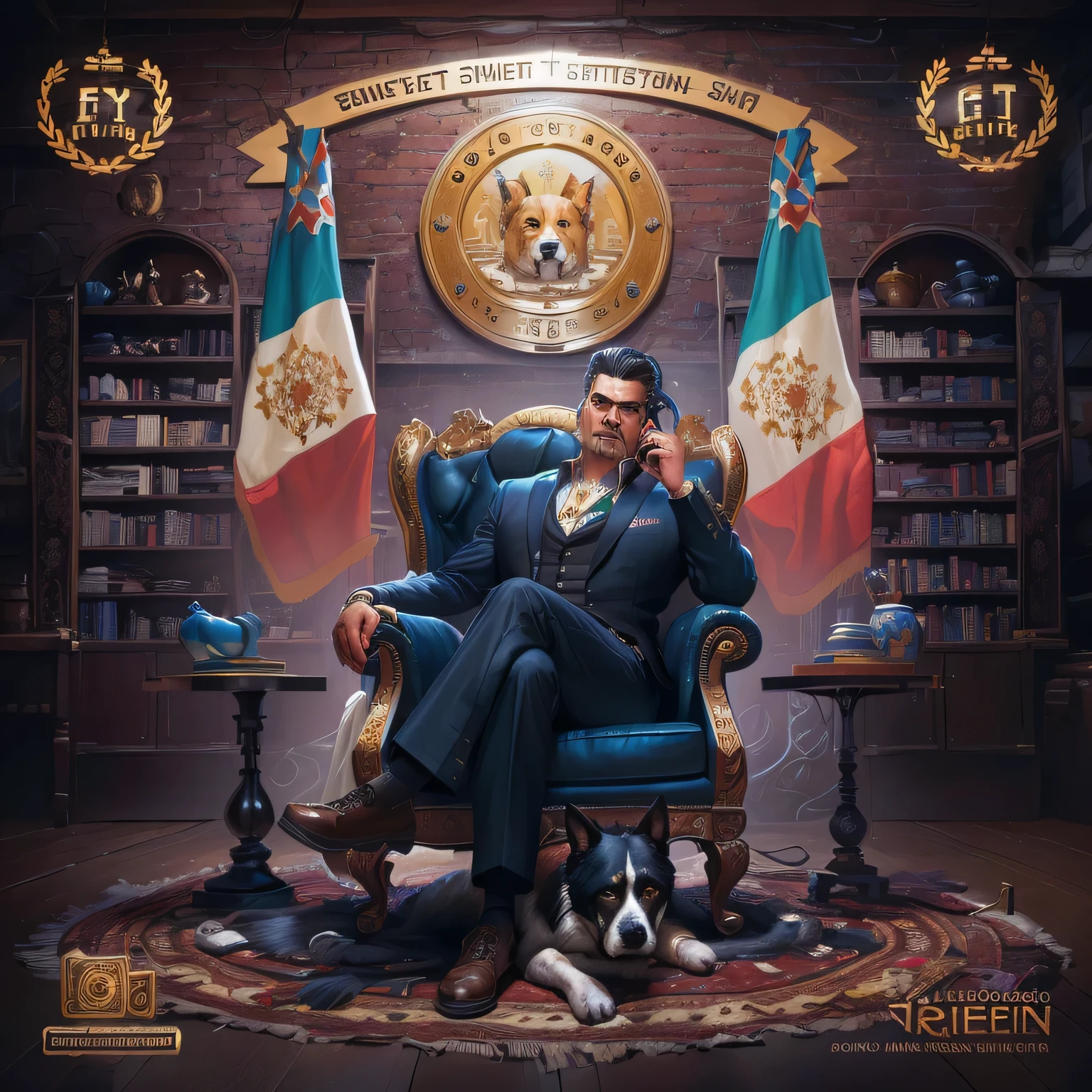 painting of a man sitting in a chair with a dog on a rug, official artwork, by Eddie Mendoza, michael cheval (unreal engine, dayer diego artwork, official print, by Dave Arredondo, by Randy Gallegos, cg society contest winner, inspired by Patrick Brown, high detailed official artwork, ignacio fernandez rios", official photo