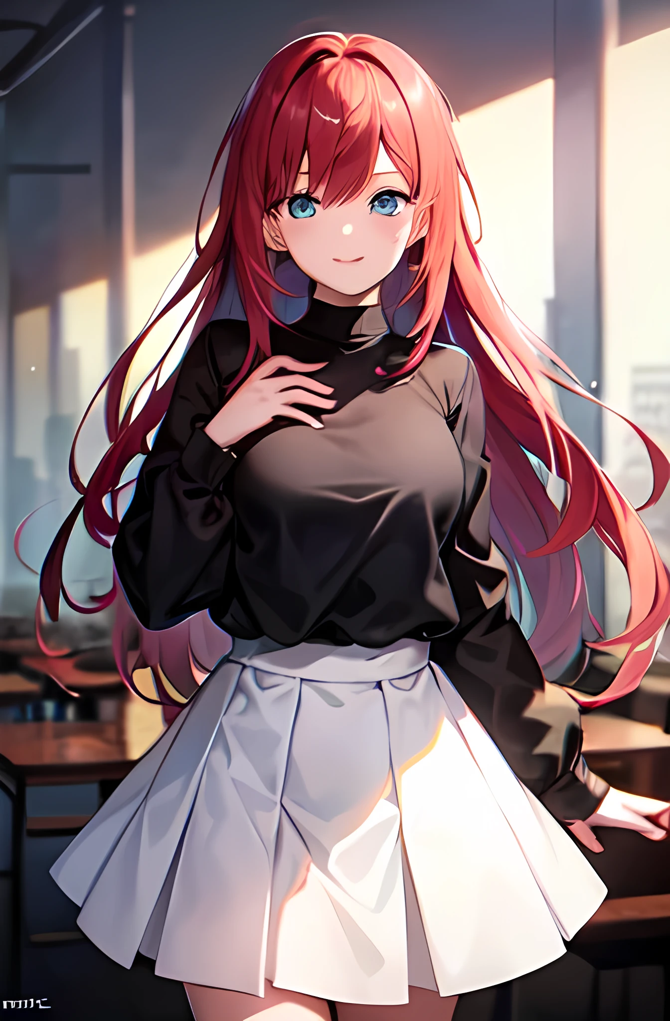 1girl in、AS-Adult、A smile、The shirt、skirt by the、(small tits)、Upper body portrait、