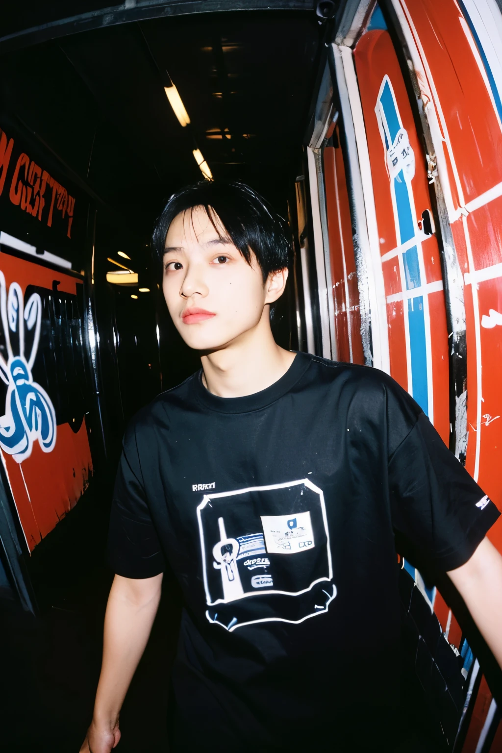 a BOY HANDSOME wearing a black shirt with a blue logo on it, photo from a low angle, using a wide lens, fish eye lens camera, sharp gaze at the camera, professional model pose,, red lighting, official product image, official product photo, 2 techwear MAN, graffiti background, lots of graffiti on old buildings, empty places, abandoned houses, trending on r/streetwear, random pose, cybertech wear, trending on r/techwearclothing, wearing cyberpunk streetwear, HE is wearing streetwear, wearing space techwear, casual black clothing, official, black t shirt, MAN in streetwear