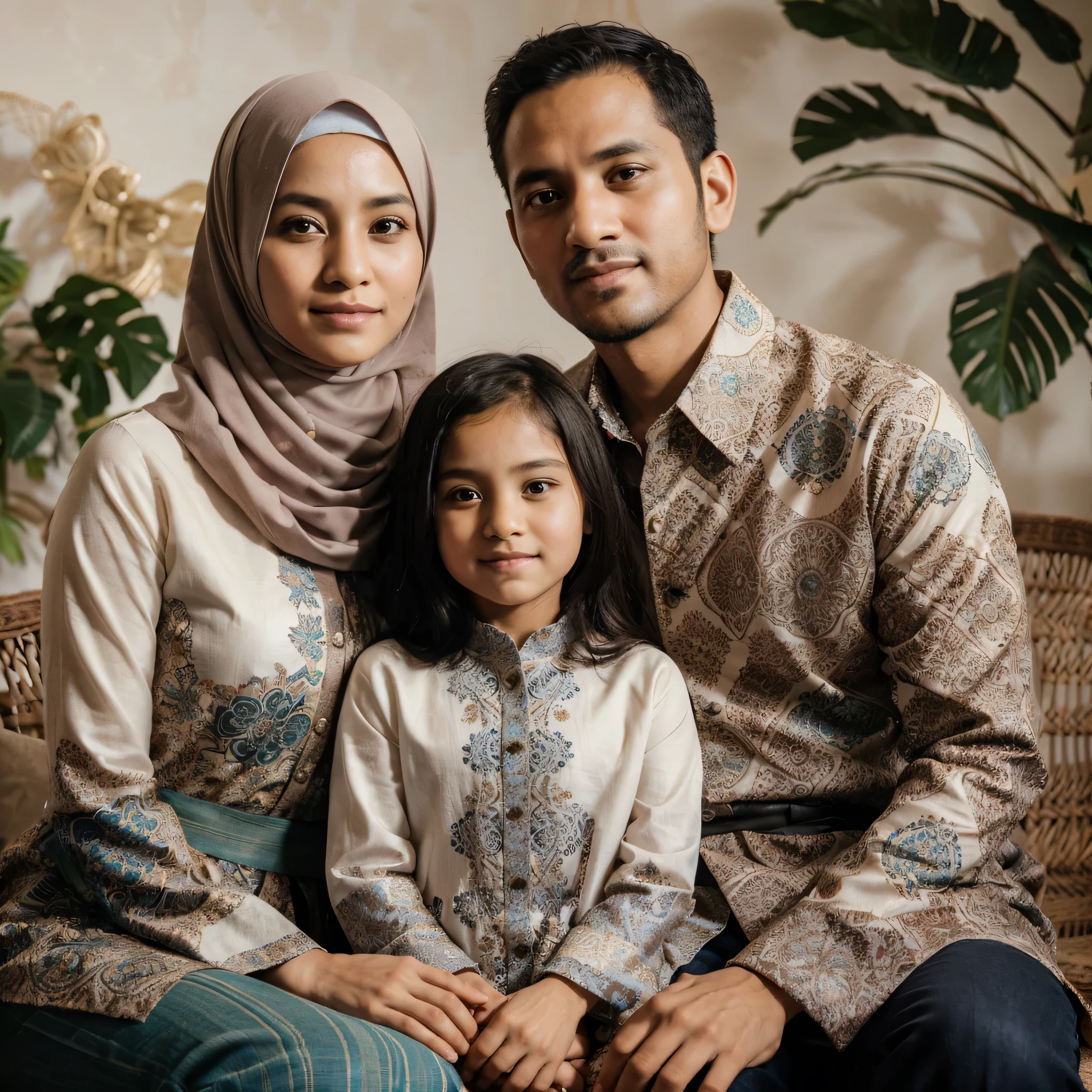 high quality family photo showing a 35 year old husband, 30 year old hijab wearing wife, and 8 year old hijab wearing daughter, they have round faces, clean radiant faces, matching Jogja batik shirts, sitting on artistic chairs, very detailed, even lighting, photo studio background accompanied by decorative plant ornaments, photography