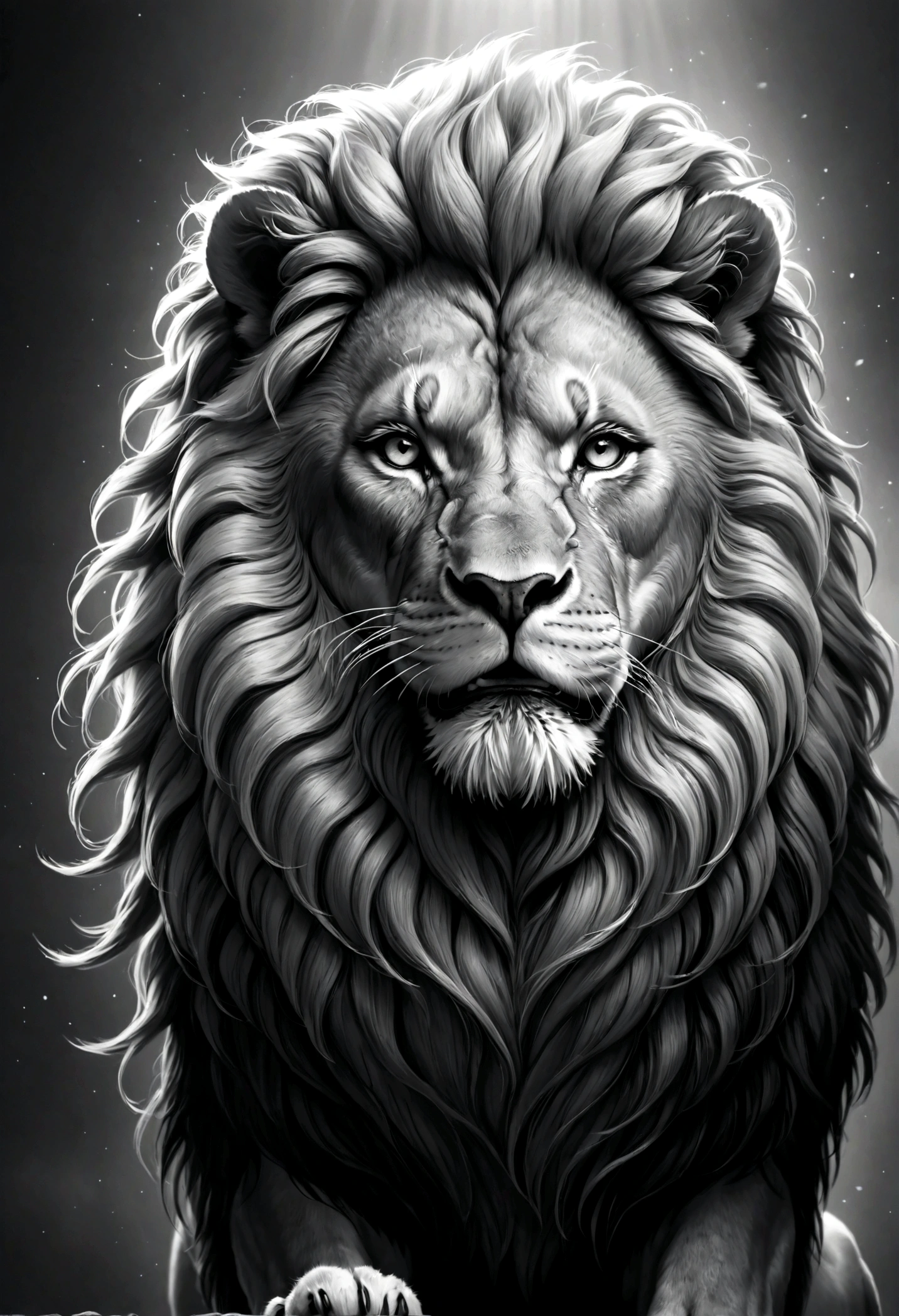 strong lion with flowing mane in black and white frontal