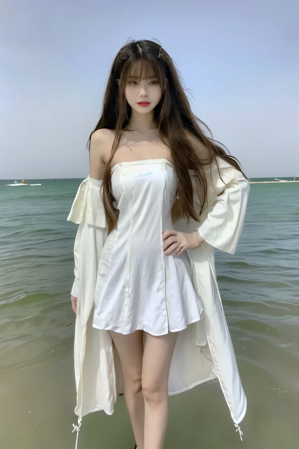 Beautiful woman with perfect body：1.4，Layered Hairstyle，Highly detailed face and skin textures，Double eyelids，Skin Whitening，Long hair，Whitened long legs，（Hanfu，bracelet），Standing by the sea，Half-length photo