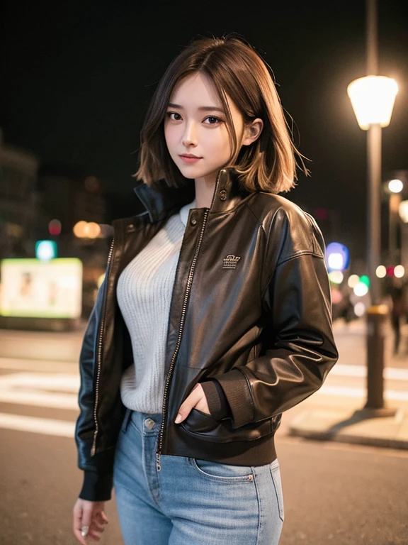 masterpiece, highest quality, High resolution,alone,Brown,artistic,Best lighting,Casual clothing,Flat Chest,Beautiful Face,expensive,smile,light makeup,Age 24,Calm woman,Detailed Hair,Laughing woman,Face Focus,Bob Cut Hair,Vibrant colors,Thin eyebrows,Woman wearing a jacket,outside,night,Background Bokashi,illumination,Low exposure,career woman,whole body