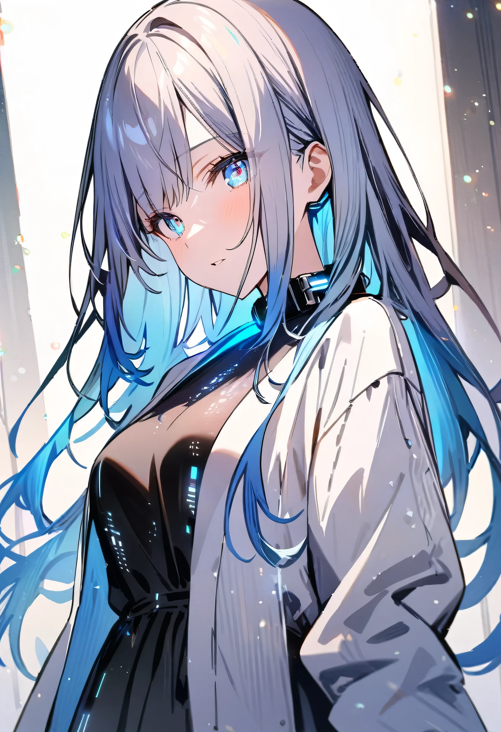 ((masterpiece)), (highest quality), (detailed), (One girl), (Internal Data Stream) Light blue gradient hair, Glowing blue eyes, Straight hair, Wearing a modern white shirt and black dress, Covered in data particles, Locked around the neck