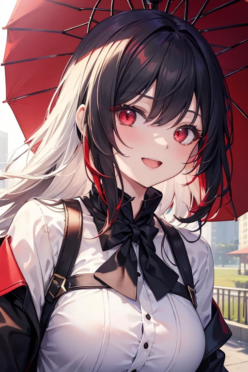 (masterpiece, best quality), intricate details,
1girl,black hair, Red eyes, light red hair, white hair tips,
Big breasts, smiling, opened mouth, wear white shirt, long Sleeve shirt, Red checkered shirt, Park background