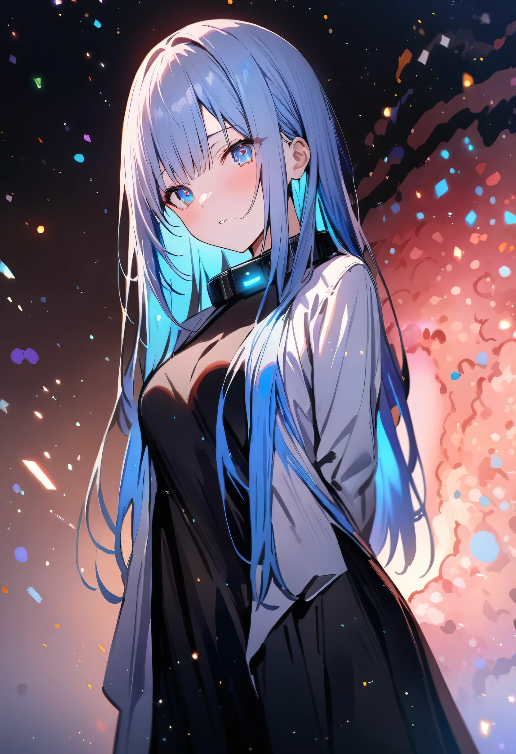 ((masterpiece)), (highest quality), (detailed), (One girl), (Internal Data Stream) Light blue gradient hair, Glowing blue eyes, Straight hair, Wearing a modern white shirt and black dress, Covered in data particles, Locked around the neck