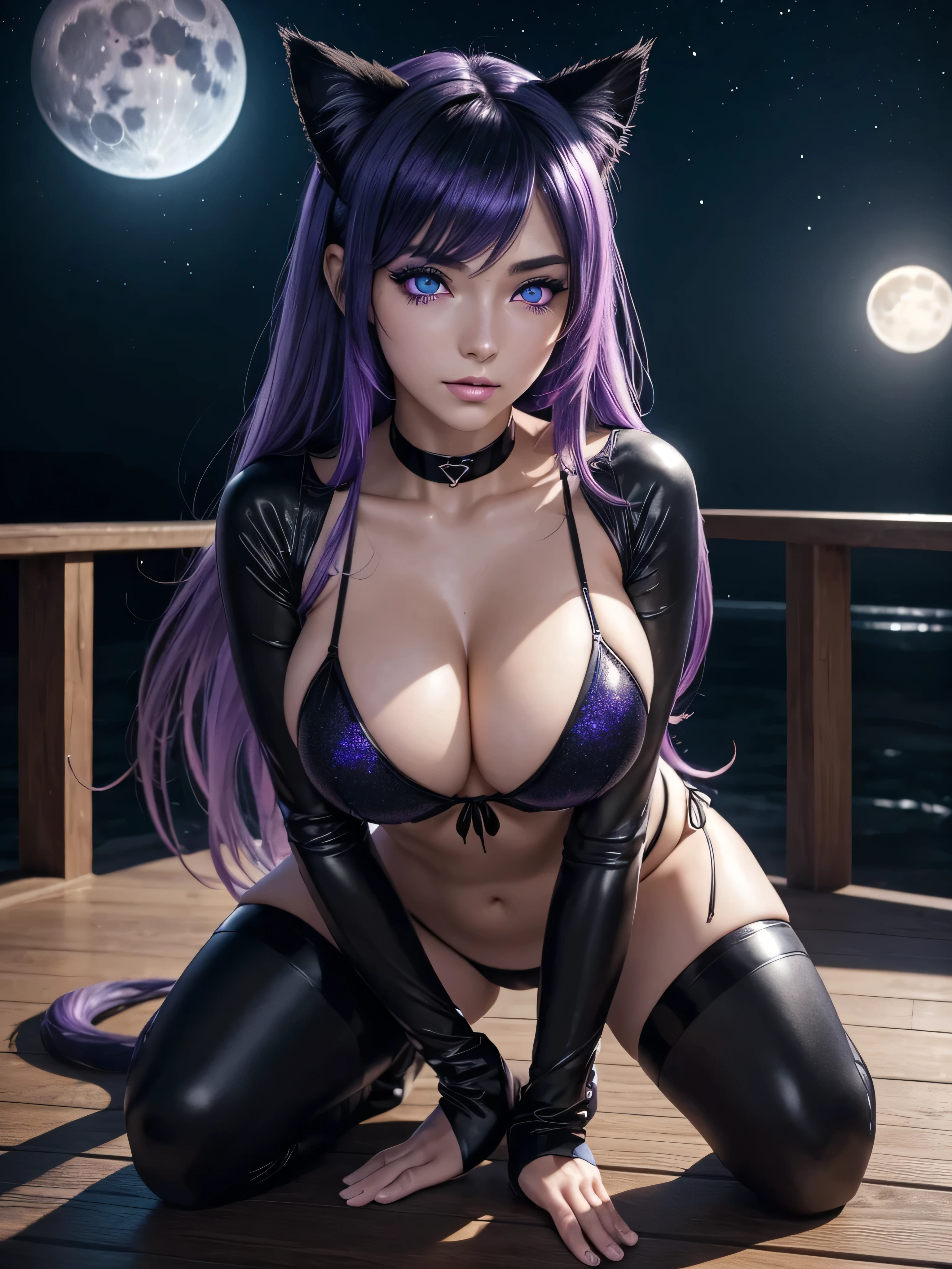 anime girl with cat ears and black side-tie bikini posing for a picture, seductive anime girl, hyperrealistic , beautiful alluring anime woman, 3d anime girl, attractive anime girl, seductive. highly detailed, anime highly detailed, , beautiful alluring anime , anime girl, a hyperrealistic , photorealistic anime girl render, yuri, cleavage, Mesmerizing eye contact, wooden floor, realistic, black hair, Watercolor touches, glitter lingersuit, amber eyes, big_natural_breasts, sagging_breasts, medium_breasts, Busty Milf, kneeling_forward, large_breasts, nsfw, luminescent lingersuit paint, night sky, full moon, hand on own head, waterfall, bioluminescent violet hair, niples, (Detailed eyes,Long eyelashes,Bright and colorful iris,Expressive eyebrows,Blend eyeshadow perfectly,Eyes sparkle,Reflective eyeballs, Heterochromia)
