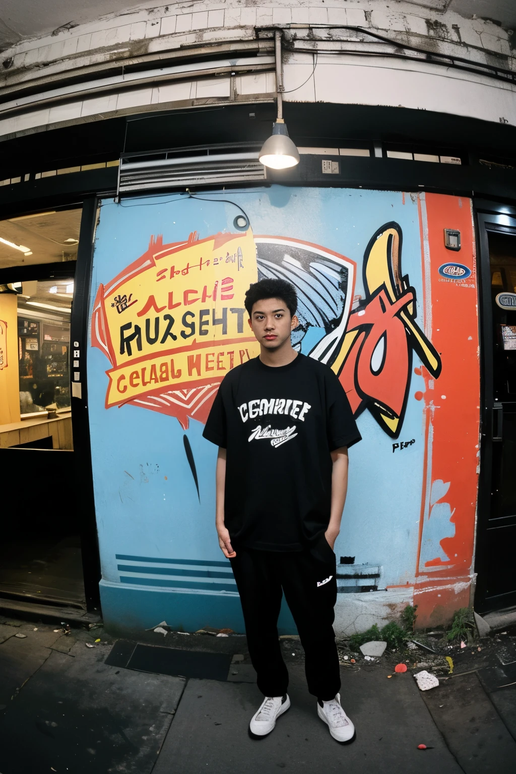 a BOY HANDSOME wearing a black shirt with a blue logo on it, photo from a low angle, using a wide lens, fish eye lens camera, sharp gaze at the camera, professional model pose,, red lighting, official product image, official product photo, 2 techwear MAN, graffiti background, lots of graffiti on old buildings, empty places, abandoned houses, trending on r/streetwear, random pose, cybertech wear, trending on r/techwearclothing, wearing cyberpunk streetwear, HE is wearing streetwear, wearing space techwear, casual black clothing, official, black t shirt, MAN in streetwear, full body shot,