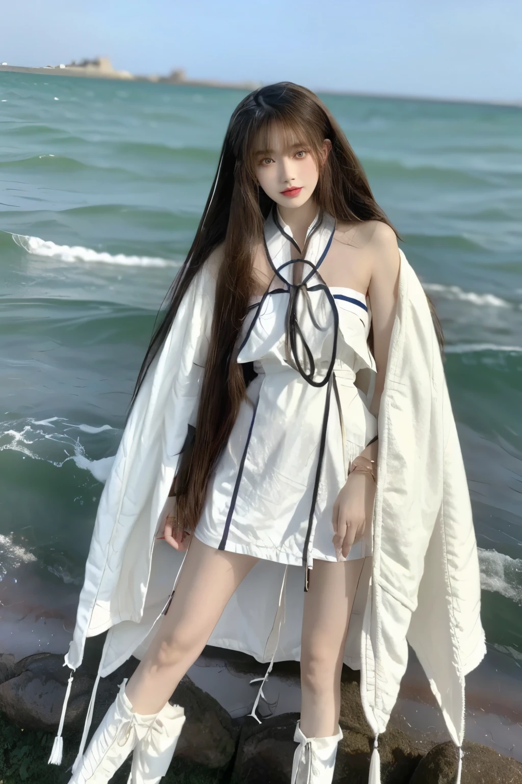 Beautiful woman with perfect body:1.4,Layered Hairstyle,Highly detailed face and skin textures,Double eyelids,Skin Whitening,Long hair,Whitened long legs,(Hanfu,bracelet),Standing by the sea,Half-length photo