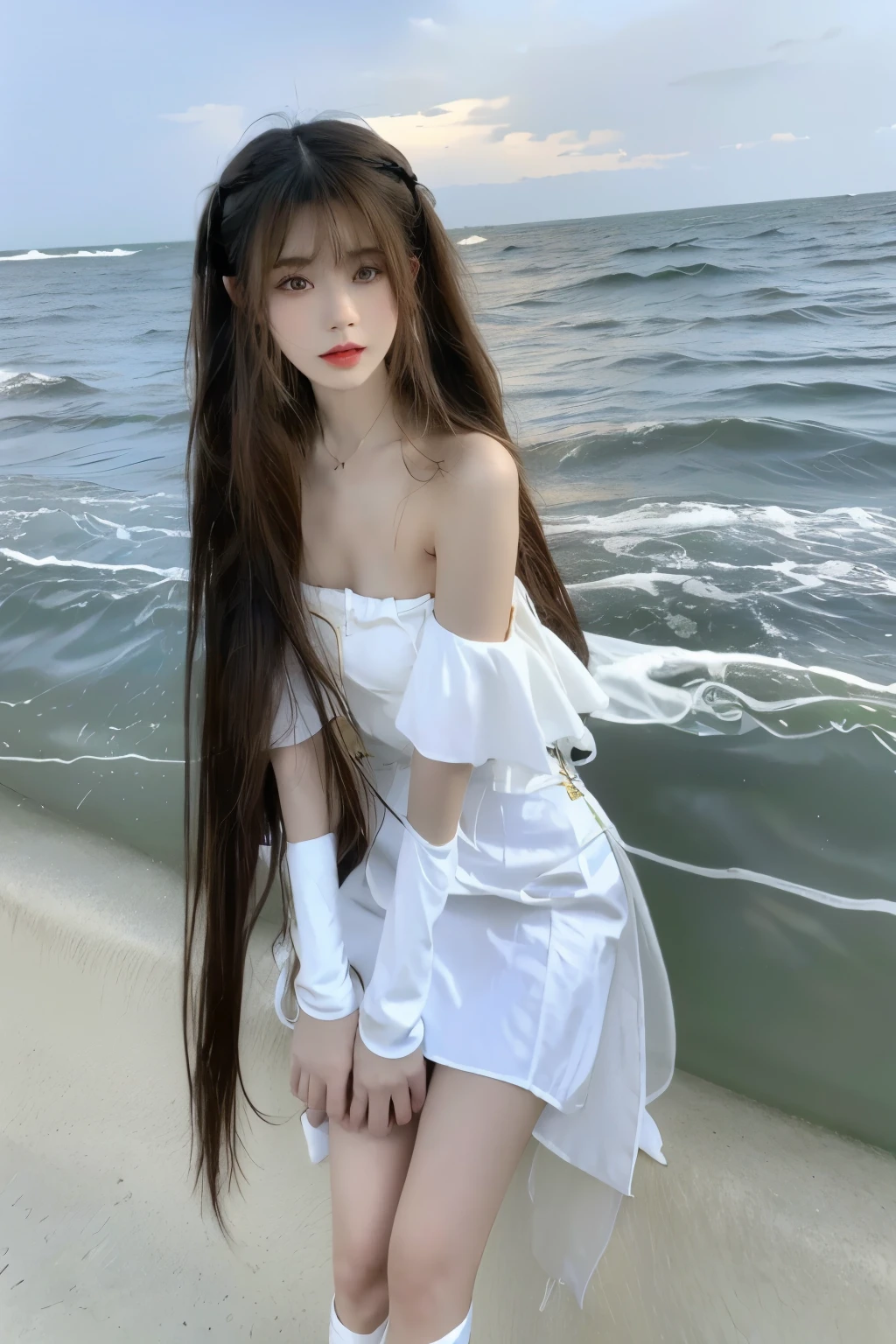 hot sexy cute girl , (( very long eye lashes )) , (( cute detale eyse )) , ((hard make up ))) , (((detale eyse ))) , ((pony tail hair)) , ((very absoulut long hair ))) , (( very berutifull white skin)) , tinager girl big breasts , waring Beautiful luxury long black dress in the beach , (( swimming ))
