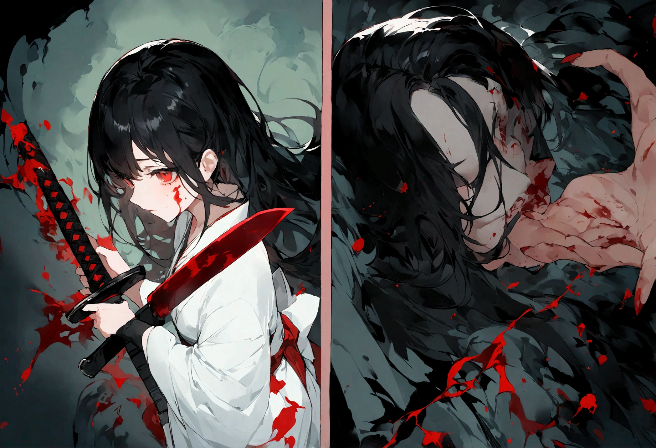 Black Hair Girl、Red eyes、Very delicate and beautiful eyes、Holding the sword with both hands、Girl with blood on her face, Dark fantasy, Horror、Very detailed, White kimono、Perfect hands, Perfect Anatomy,Rear View、profile、(Samurai sword:1.5) )、Draw your sword、Draw your swordテクニック、moonlight、night、Moonlight from above:1.5