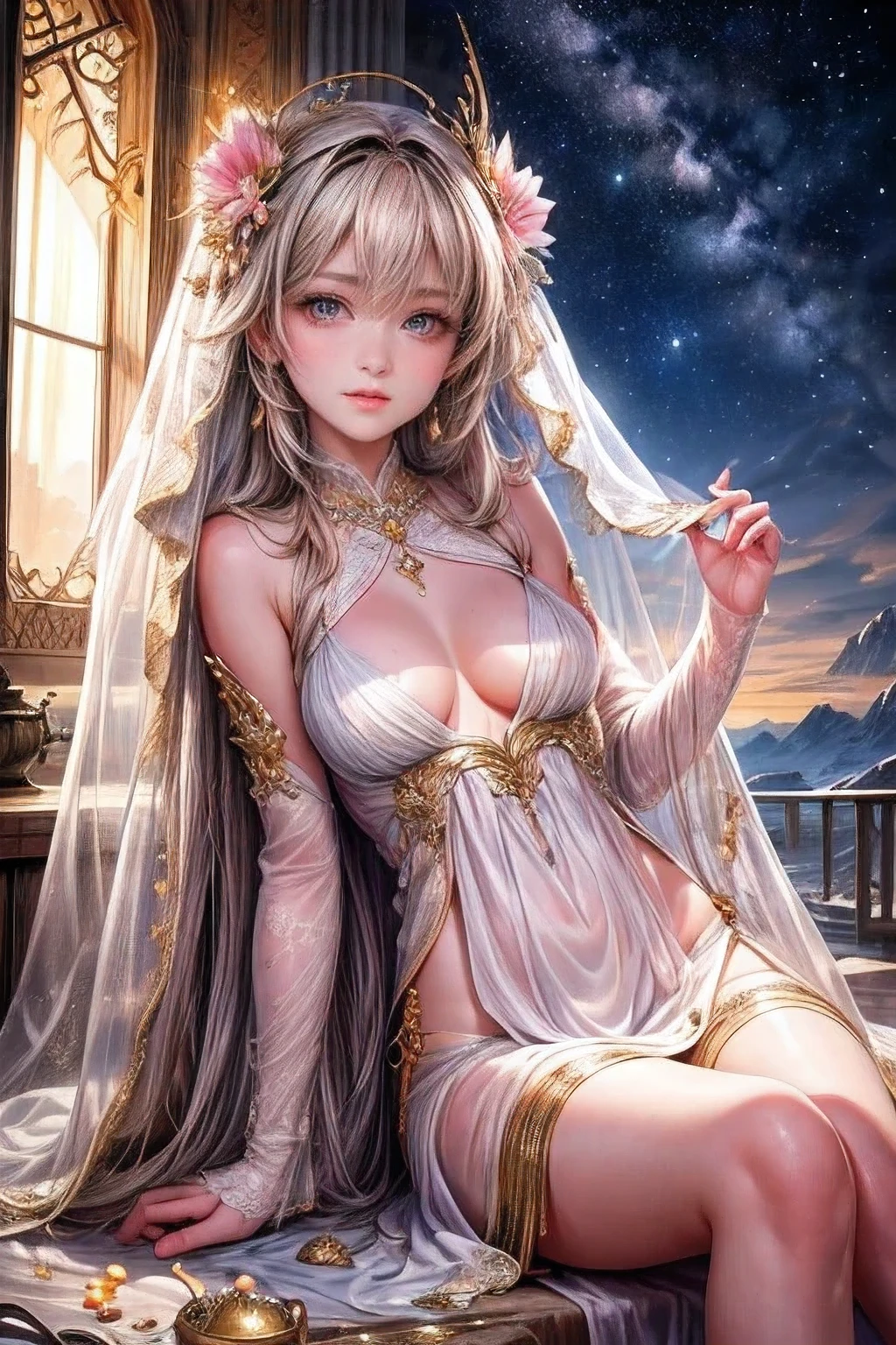 Fantasic Illustration, Masterpiece: 1.2, Highest Quality, Highres, 16k, Beautiful Detailed, Ultra-Realistic, Photo Realistic: 1.37, Beautiful cute girl in a caravan in the moonlit desert, growing eyes, shining pupils, blushed cheek, shiny rosy lips, wearing white hooded robe, delicate beautiful (hair, face, eyes, pupils, long eyelash, desert), middle-breasts, Arabian Nights world view,