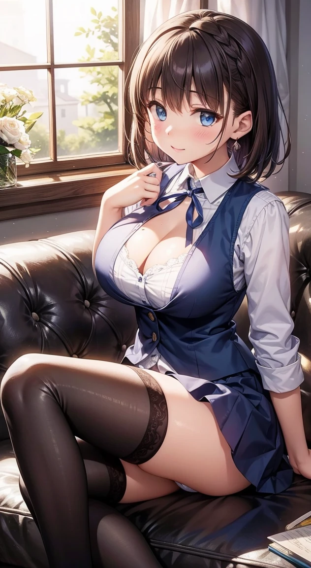 One girl, Natural light, masterpiece, Very detailed, figure, Game CG, Absurd, high quality, Ai-chan, Big Breasts, blue eyes, Beautiful fine details, Short brown hair, Side braid, clavicle, Waistcoat, mini skirt, Thigh-high socks, No sleeve, Neck ribbon, Cleavage, Sitting, Hostess Club