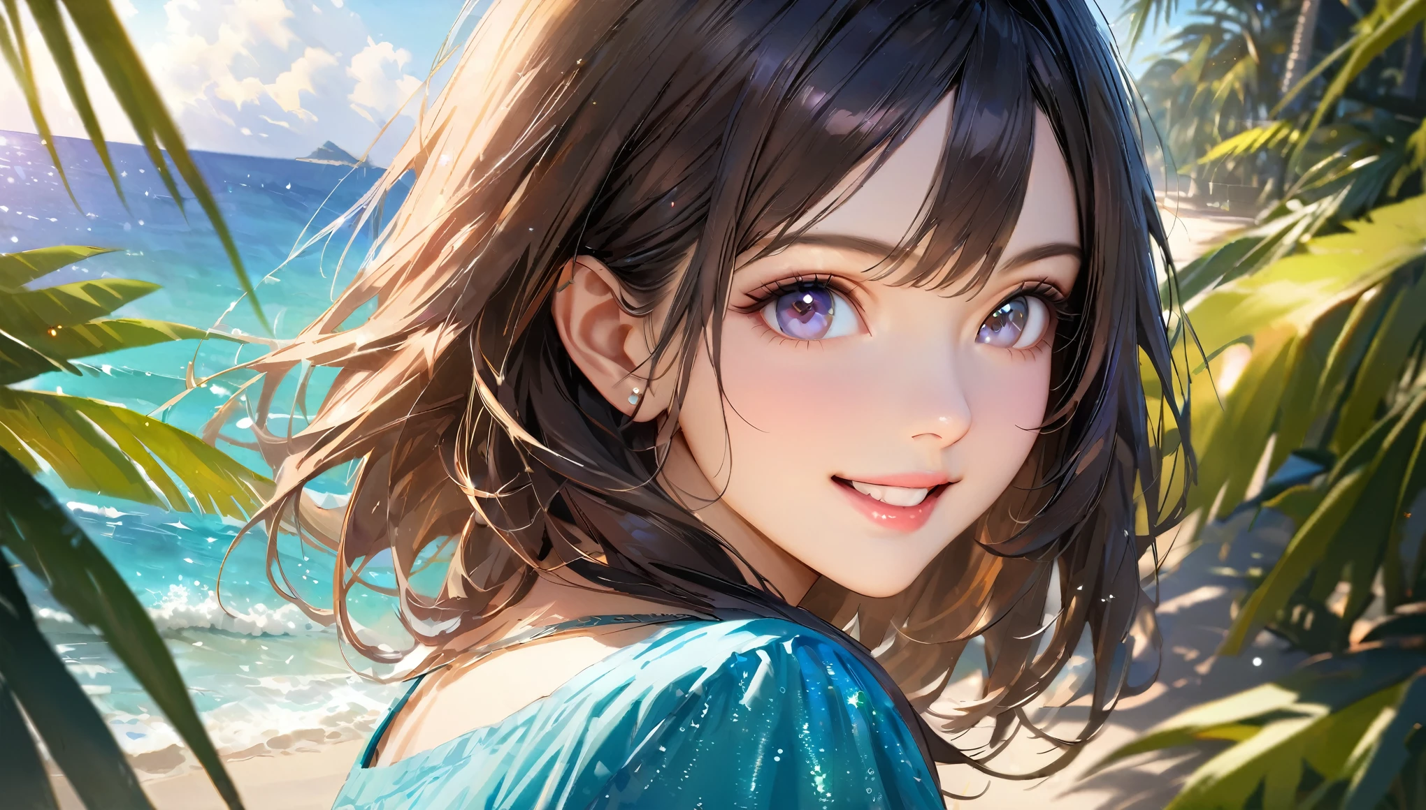 Sparkling sea and tropical ocean, Sunny sky with fluffy white clouds, Palm trees along the coast, Blur the background,Pleasant sea breeze,Young woman with dark hair,smile,Glitter effect,highest quality, 4K, 8k, High resolution, masterpiece:1.2, Very detailed, Realistic:1.37, High resolution, 超High resolution, Studio Lighting, Ultra-fine painting, Sharp focus, Physically Based Rendering, Very detailedな説明, Professional, Vibrant colors