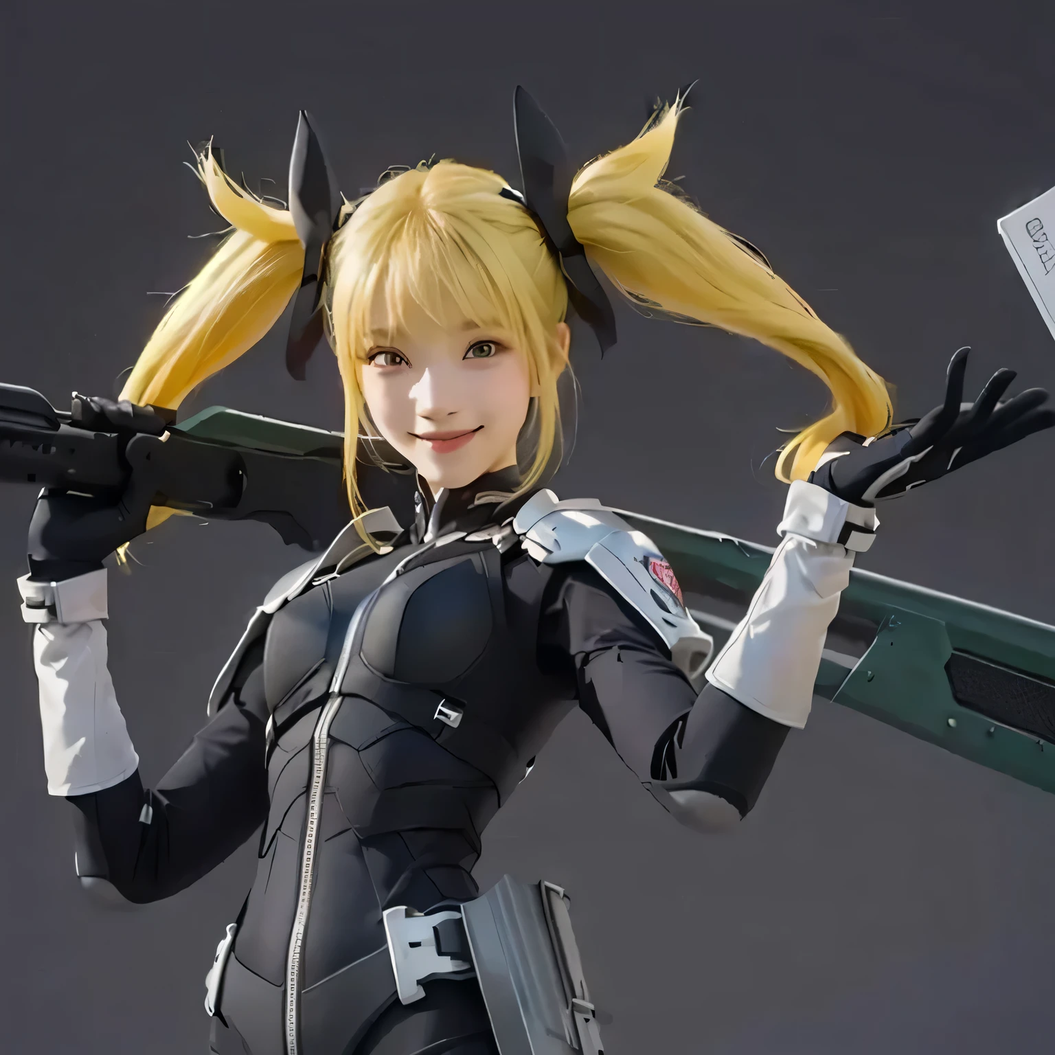 Blonde hair, pigtails divided into left and right sides, black armored suit, white shoulder pads, long eyes, beautiful, high quality, real photo, 8k, highest quality, 16 year old girl,smile of victory