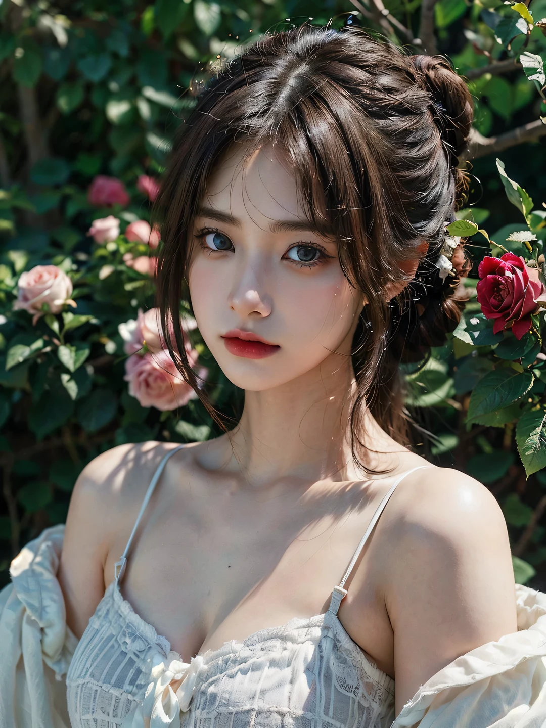 1girl, (looking at viewer:1.2), detail face, (a girl standing, rending on cgsociety, Rose bush backdrop), romanticism, atmospheric, (RAW photo, best quality), (realistic, photo-realistic:1.3), masterpiece, an extremely delicate and beautiful, extremely detailed, D cup,Cleavage,Translucent brown tube top 1.5)Hair in a bun,Exquisite eye details,